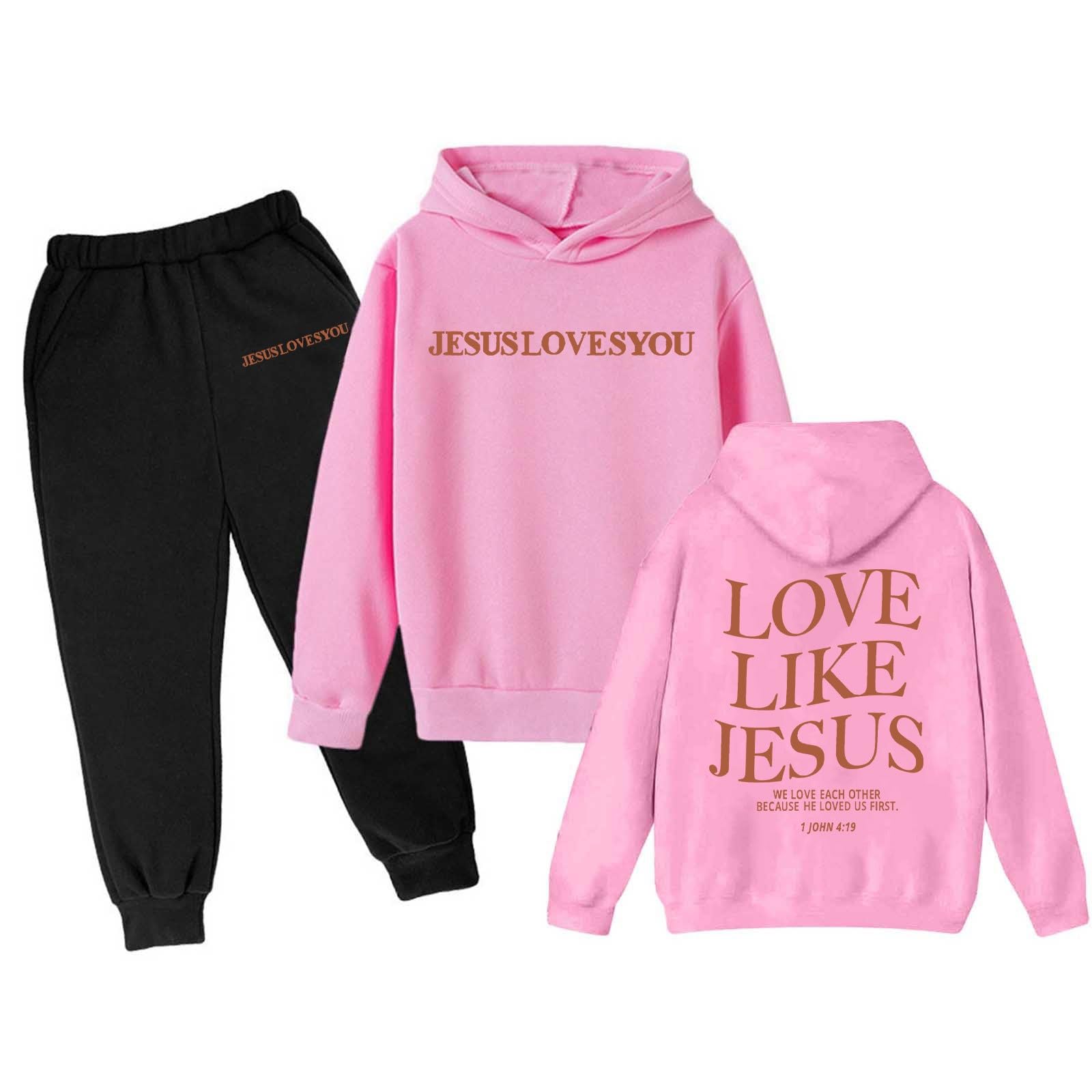 Boys Girls Tracksuits 2 Piece Love Like Jesus Letter Print Back to School Clothes Fall Trendy Sweatshirts and Sweatpant 3-13Y