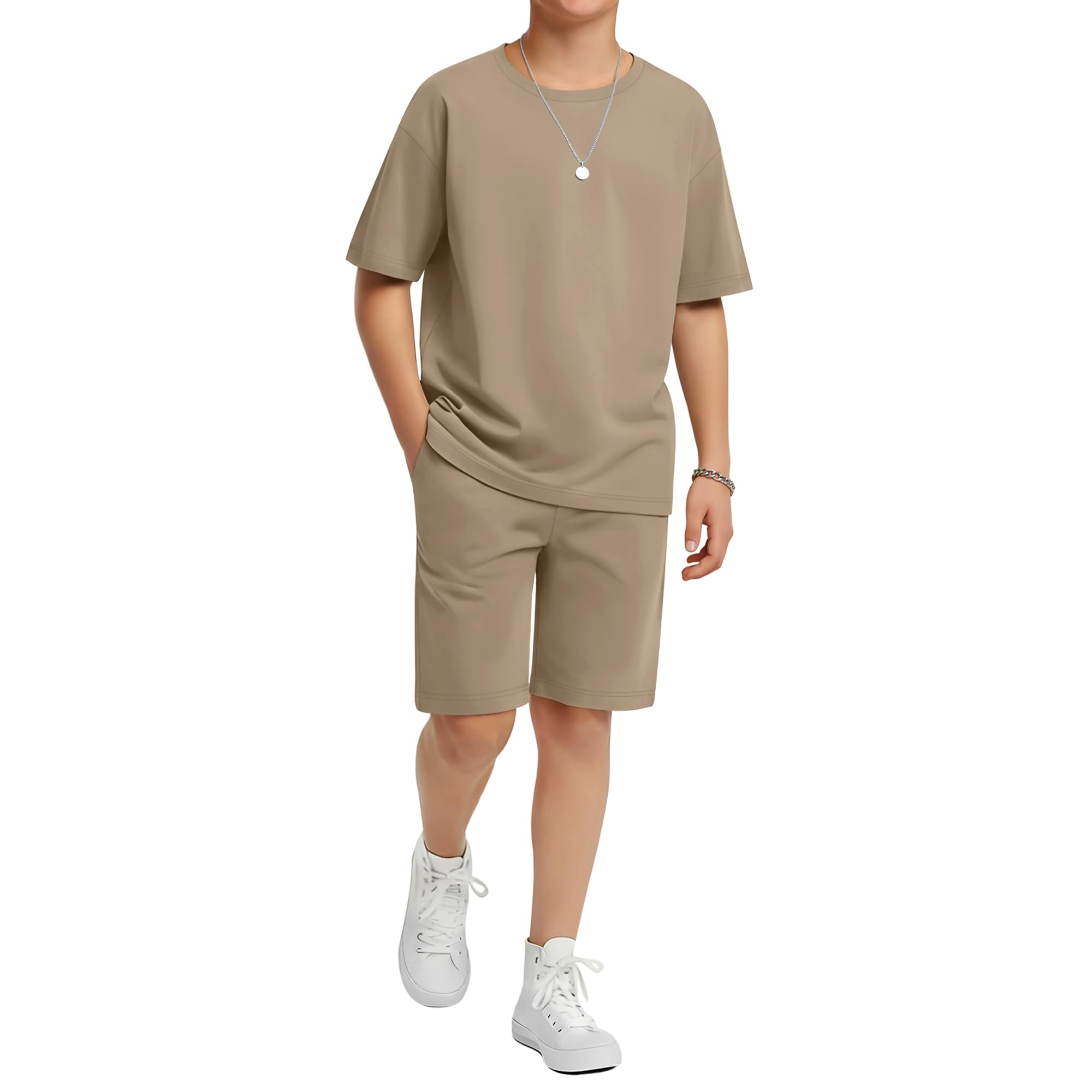 LessonZoo Boy's 2 Piece Outfits Set Summer Comfy Crewneck Oversized Short Sleeve Shirts Shorts Casual Clothing 5-14 Years