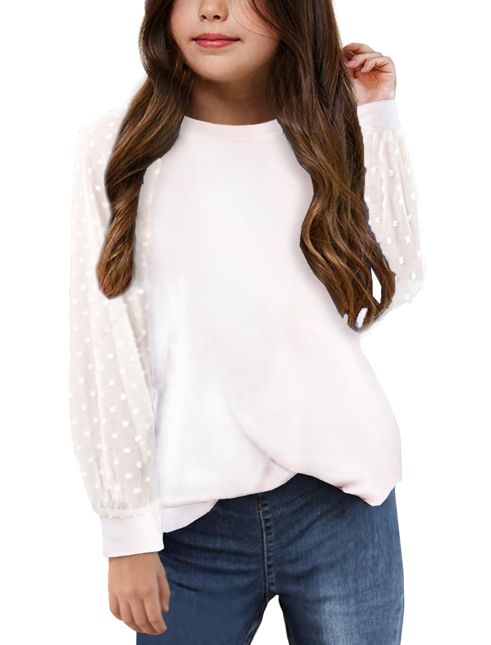 Yekaty Girls Shirts Casual Solid Color Crewneck Blouses Soft Long Sleeve Swiss Dots Chiffon Tops