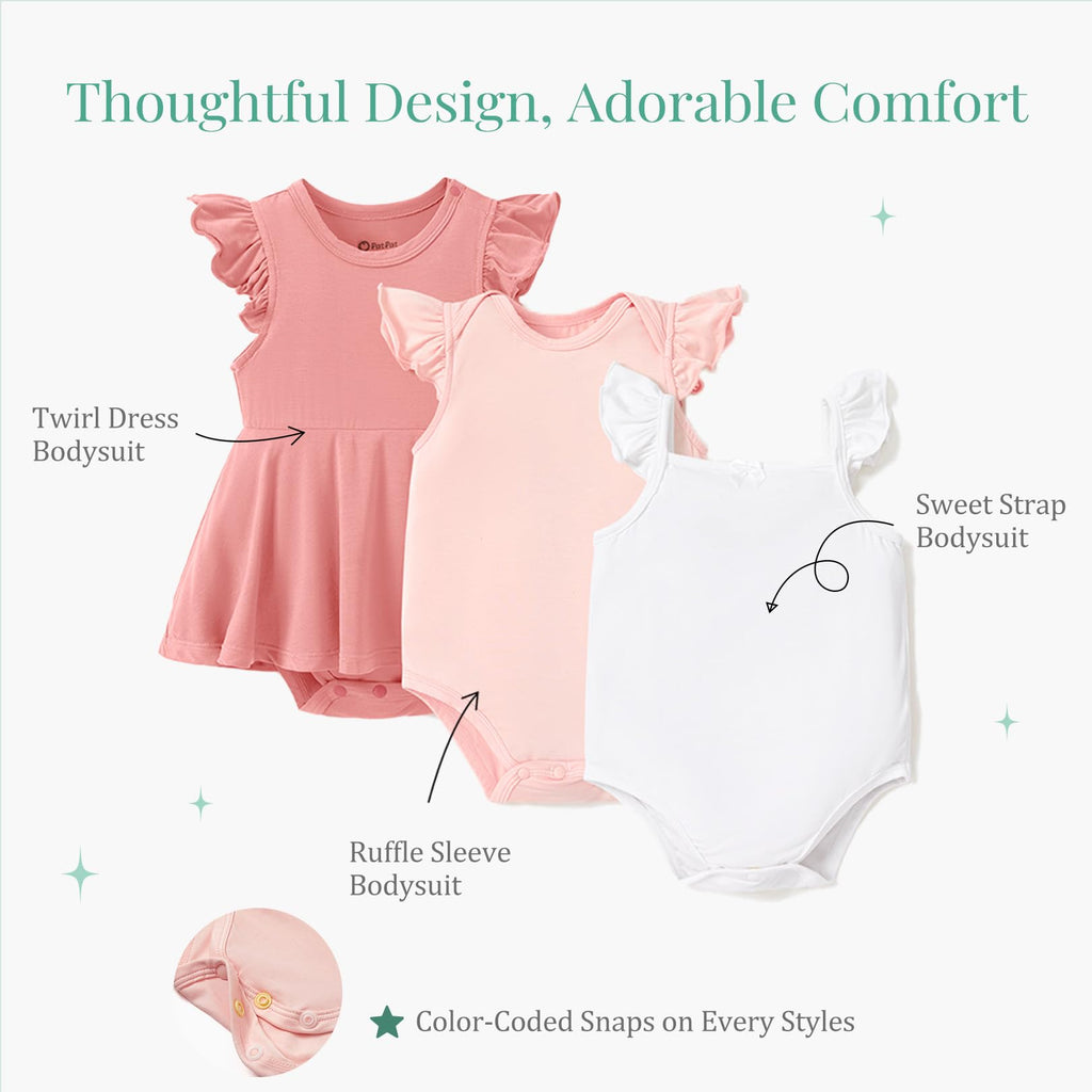 PATPAT Baby Girl Bodysuits 3-Pack - Soft Bamboo Viscose Summer Outfits for Newborn Infant and Toddler