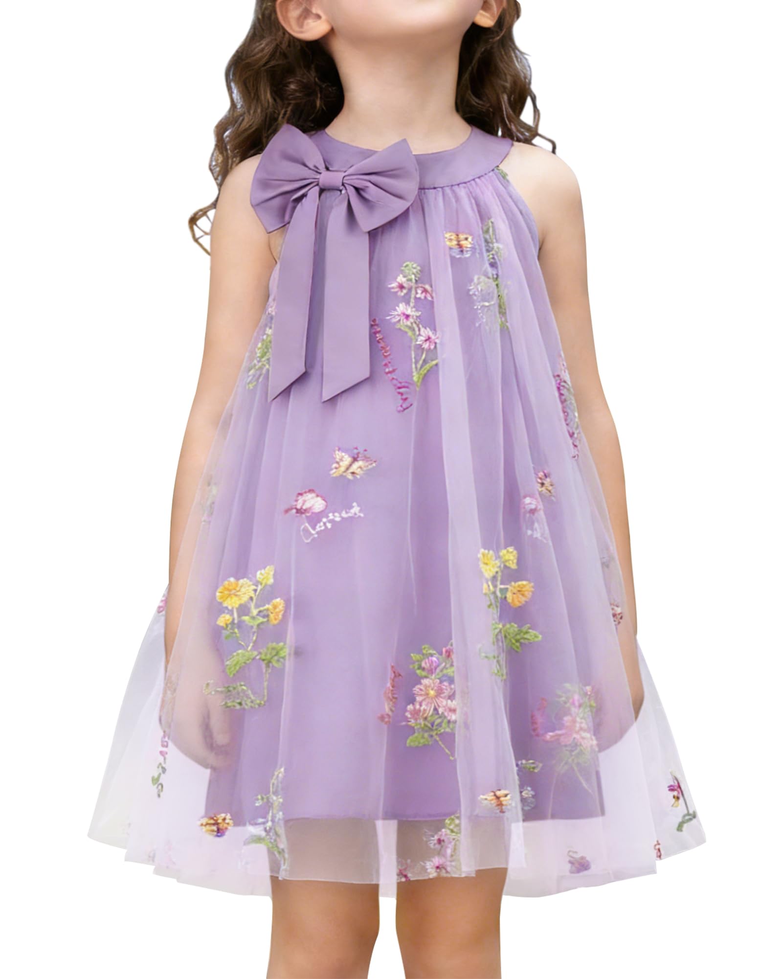 YALLET Flower Girl Dress Halter Neck Sleeveless Kids Dresses Collar Bow Embroidery Tulle Dress for Wedding Party Birthday