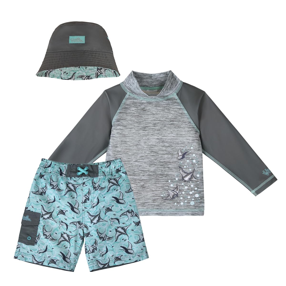 UV SKINZ Boys 3-Piece Swim Set with UPF 50+ Long Sleeve Rash Guard, Swim Shorts & Hat