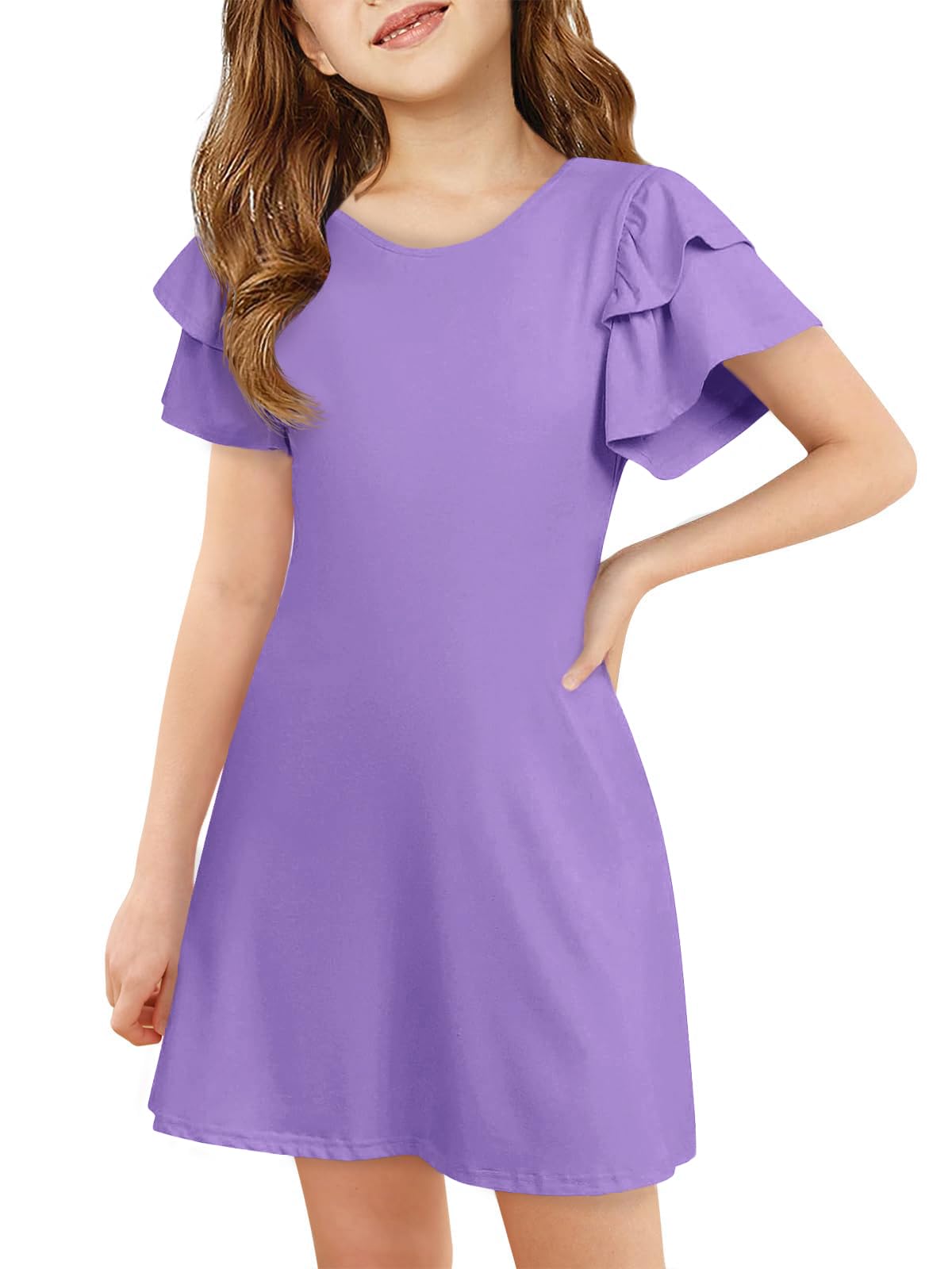 ZDC Girls Ruffle Sleeve Casual Dresses Summer Kids A Line Skater Dress 5-14 Years