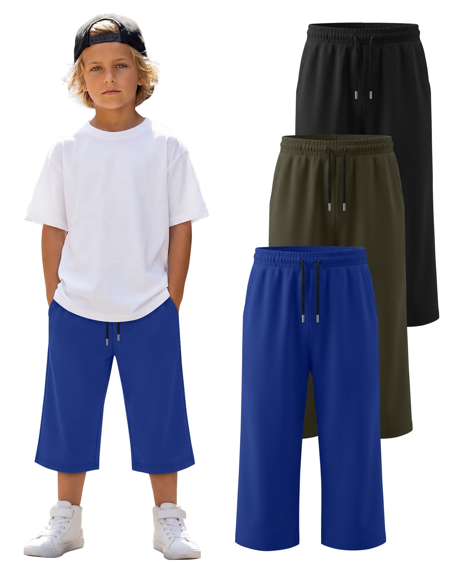 LessonZoo 3 Pack Boys Capri Pants Teen Kids Wide Leg Drawstring Joggers Below Knee Shorts 3/4 Baggy Sweatpants with Pockets
