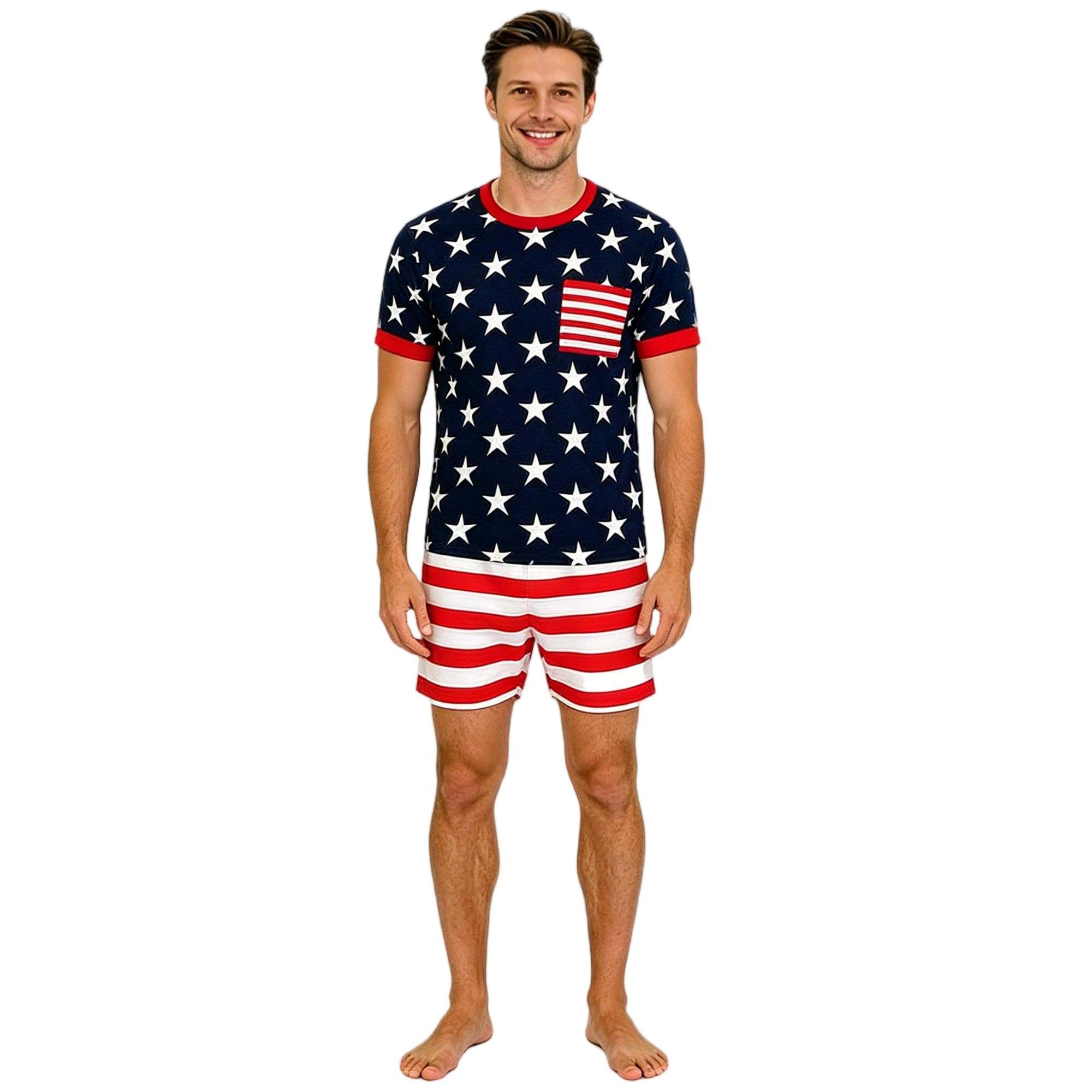 Family Matching 4th of July Pajamas Set - American Flag Stars Stripes Short Sleeve Summer Sleepwear Loungewear
