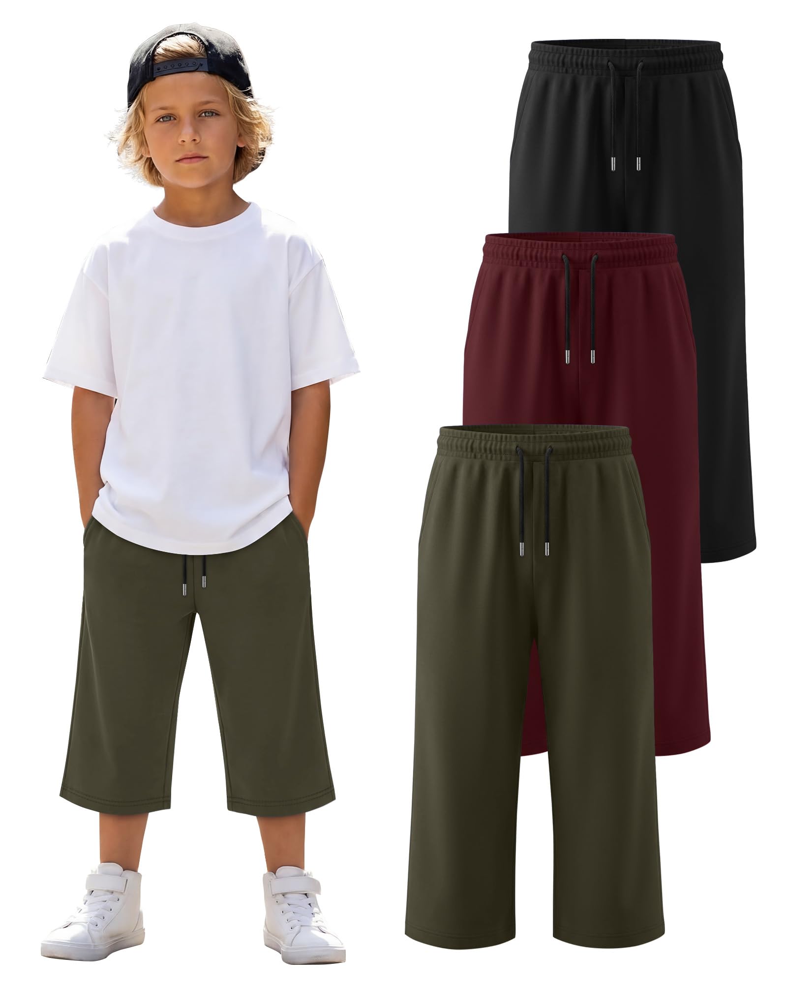LessonZoo 3 Pack Boys Capri Pants Teen Kids Wide Leg Drawstring Joggers Below Knee Shorts 3/4 Baggy Sweatpants with Pockets