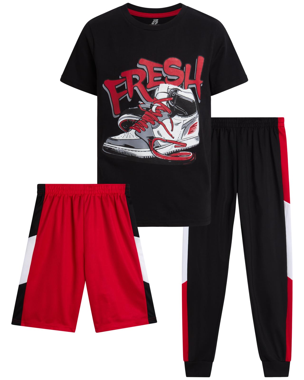 Pro Athlete Boys Pants Set - 3 Piece Active Short Sleeve Graphic Tees Athletic Shorts and Jogger Sweatpants for Boys