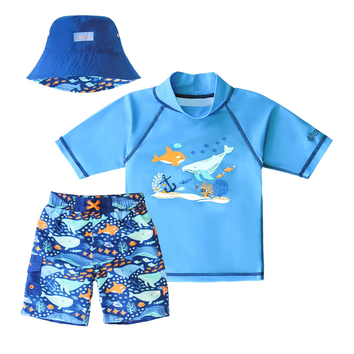 UV SKINZ Boys 3-Piece Swim Set with UPF 50+ Long Sleeve Rash Guard, Swim Shorts & Hat