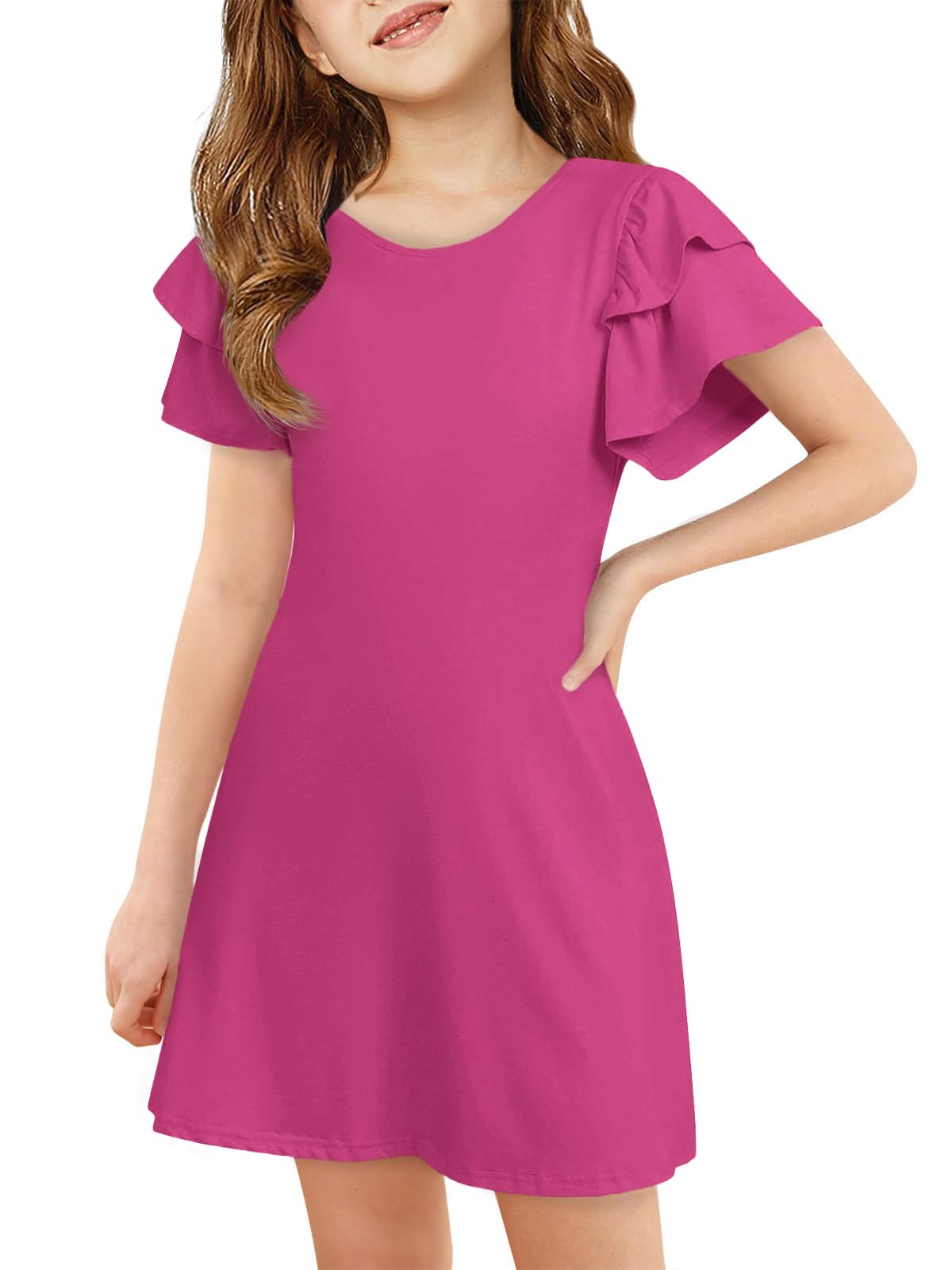 ZDC Girls Ruffle Sleeve Casual Dresses Summer Kids A Line Skater Dress 5-14 Years