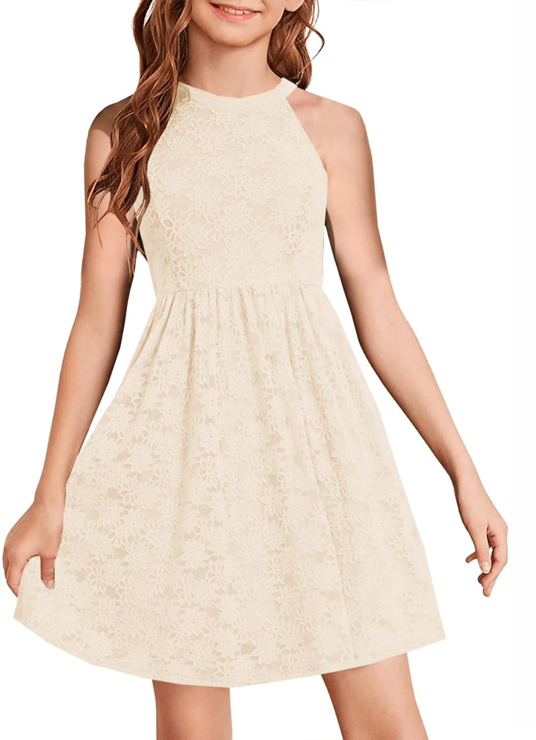 Girls Floral Lace Halter-Neck A-Line Party Dress