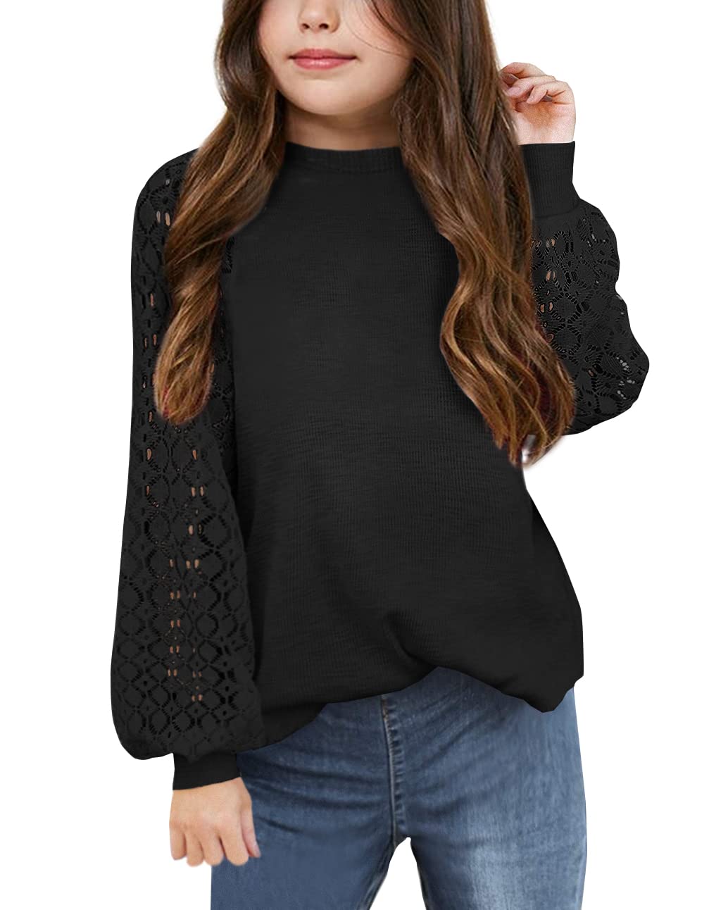 Apbondy Girls Long Sleeve Shirts Casual Crew Neck Lace Loose Blouse Tops