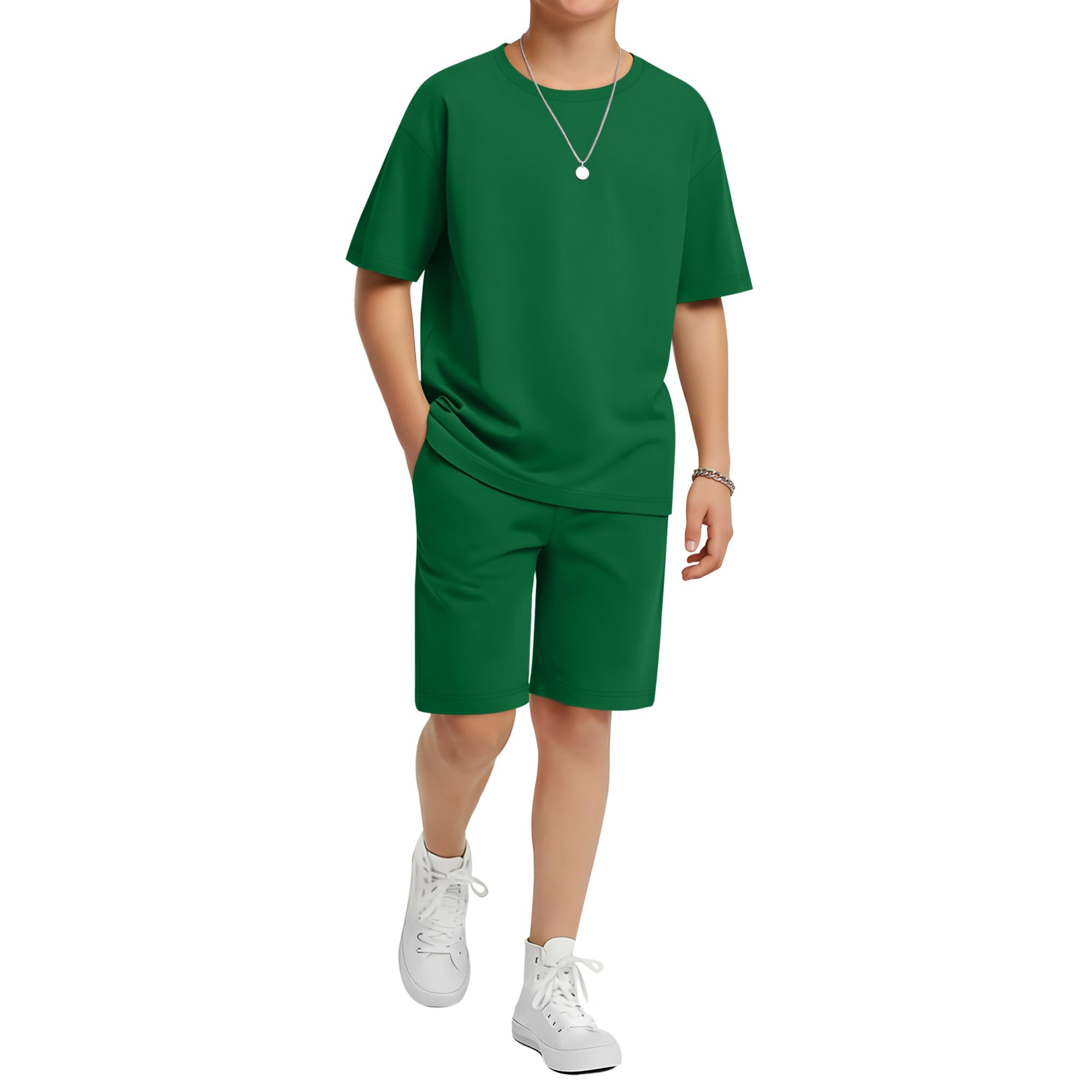 LessonZoo Boy's 2 Piece Outfits Set Summer Comfy Crewneck Oversized Short Sleeve Shirts Shorts Casual Clothing 5-14 Years