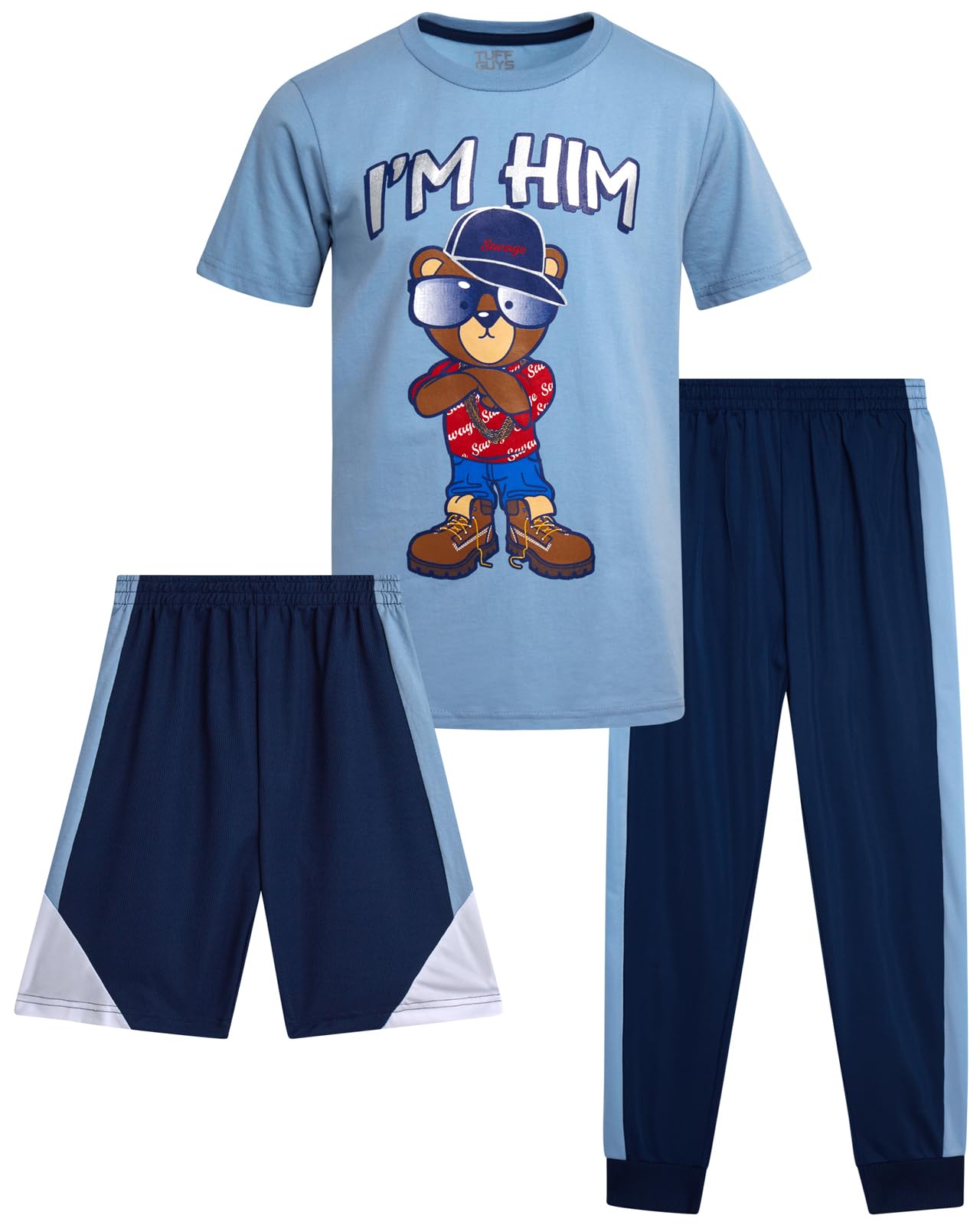Pro Athlete Boys Pants Set - 3 Piece Active Short Sleeve Graphic Tees Athletic Shorts and Jogger Sweatpants for Boys