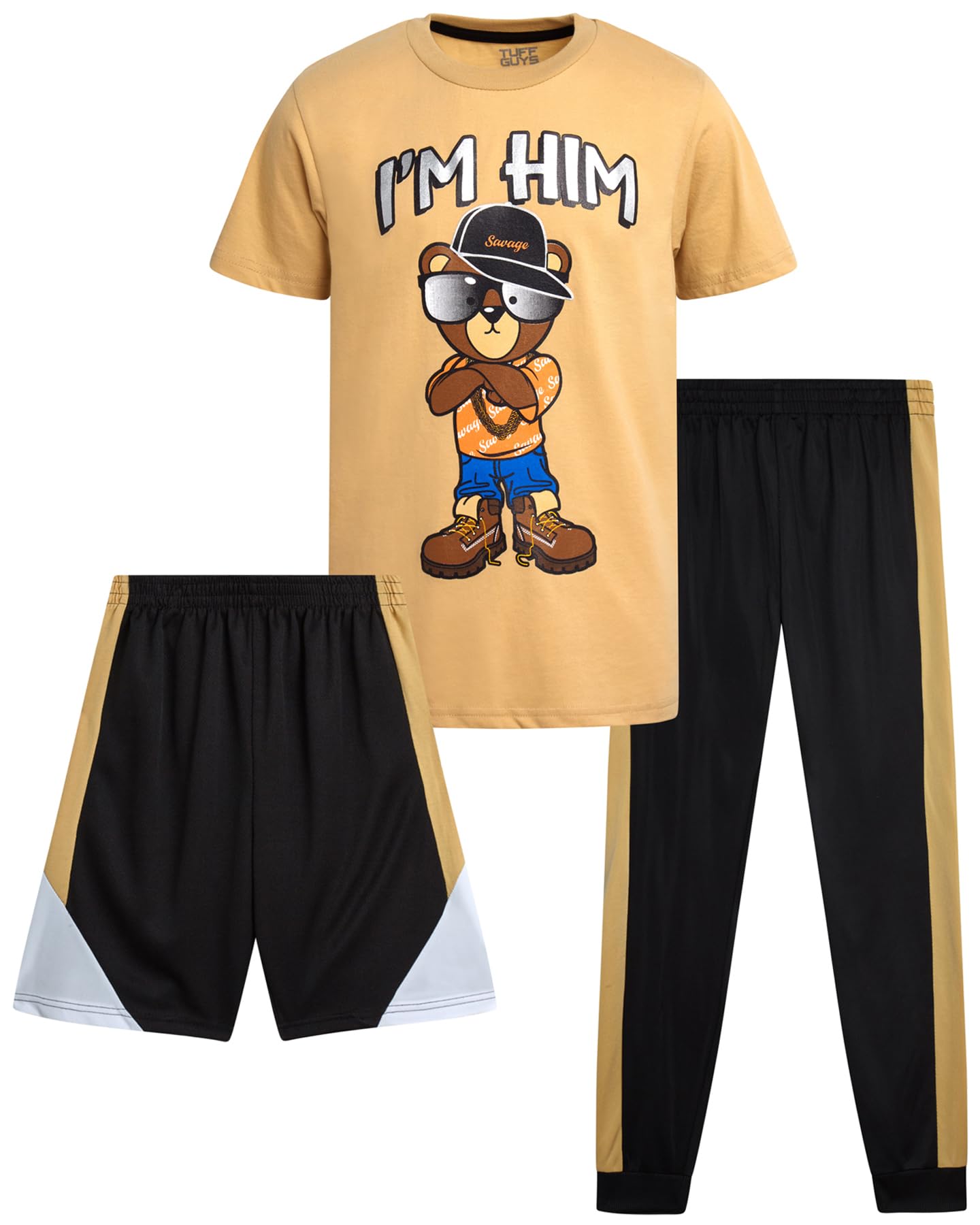 Pro Athlete Boys Pants Set - 3 Piece Active Short Sleeve Graphic Tees Athletic Shorts and Jogger Sweatpants for Boys