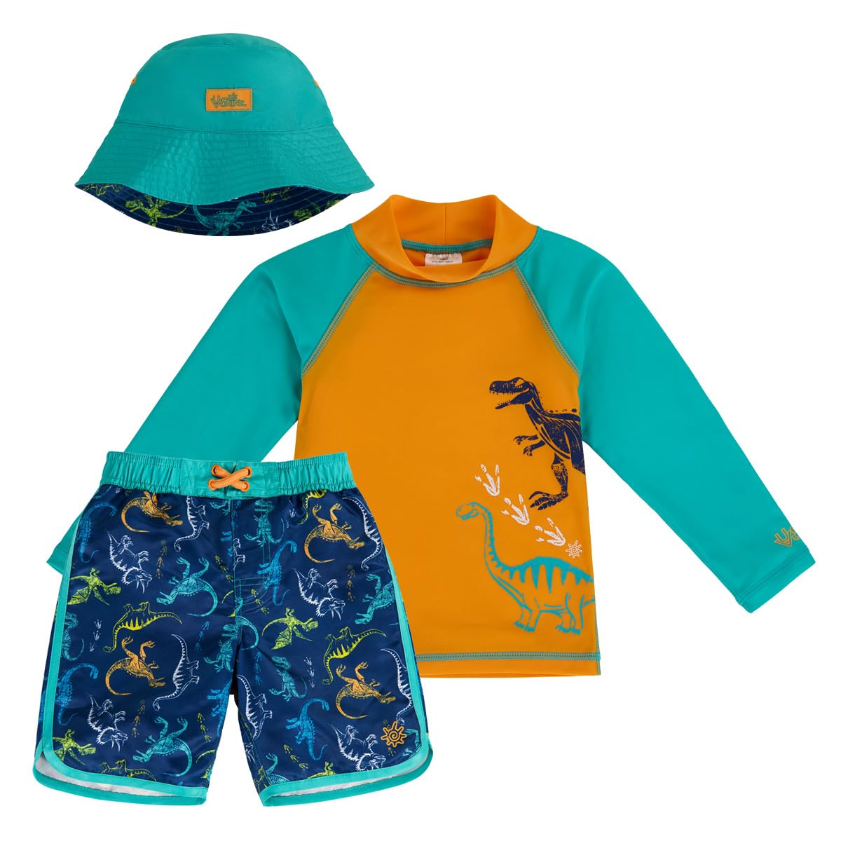 UV SKINZ Boys 3-Piece Swim Set with UPF 50+ Long Sleeve Rash Guard, Swim Shorts & Hat