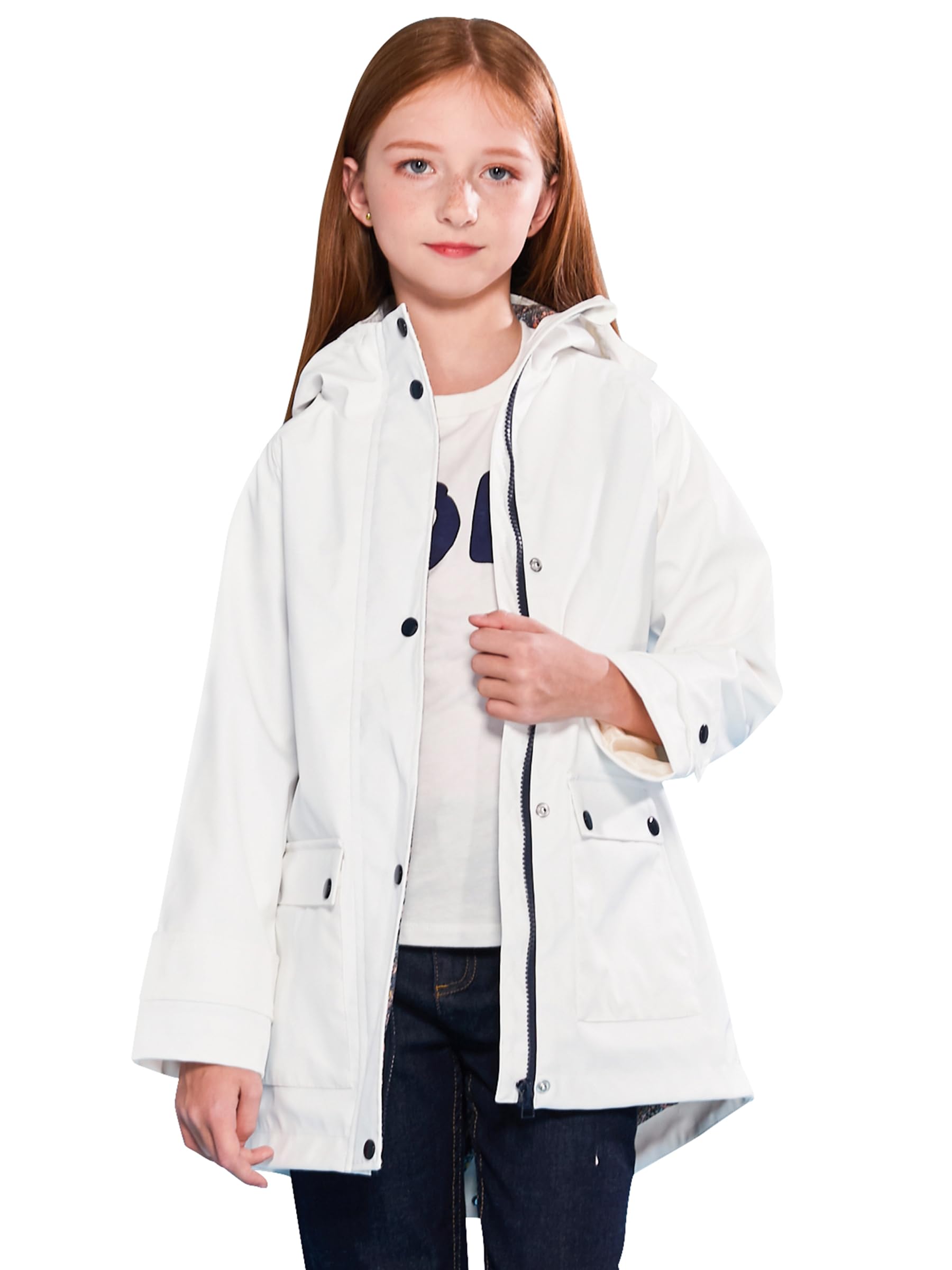 SOLOCOTE Kids Rain Jacket Hooded Lined Rubber RainCoats for Girls Boys Waterproof Windproof Size 5-14Y