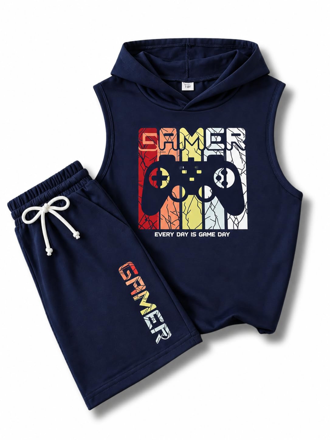 KIDLAGA Tween Boys Summer Clothes 2 Piece Short Sleeve Graphic Sleeveless Hooded Shirt and Shorts Outfit for 7-14 Years