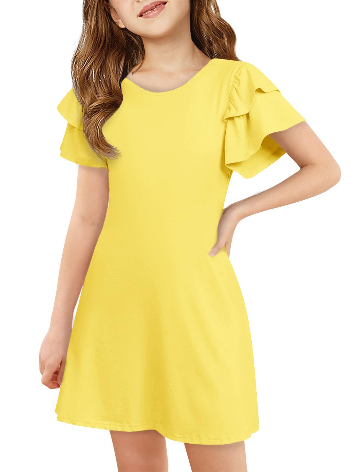 ZDC Girls Ruffle Sleeve Casual Dresses Summer Kids A Line Skater Dress 5-14 Years