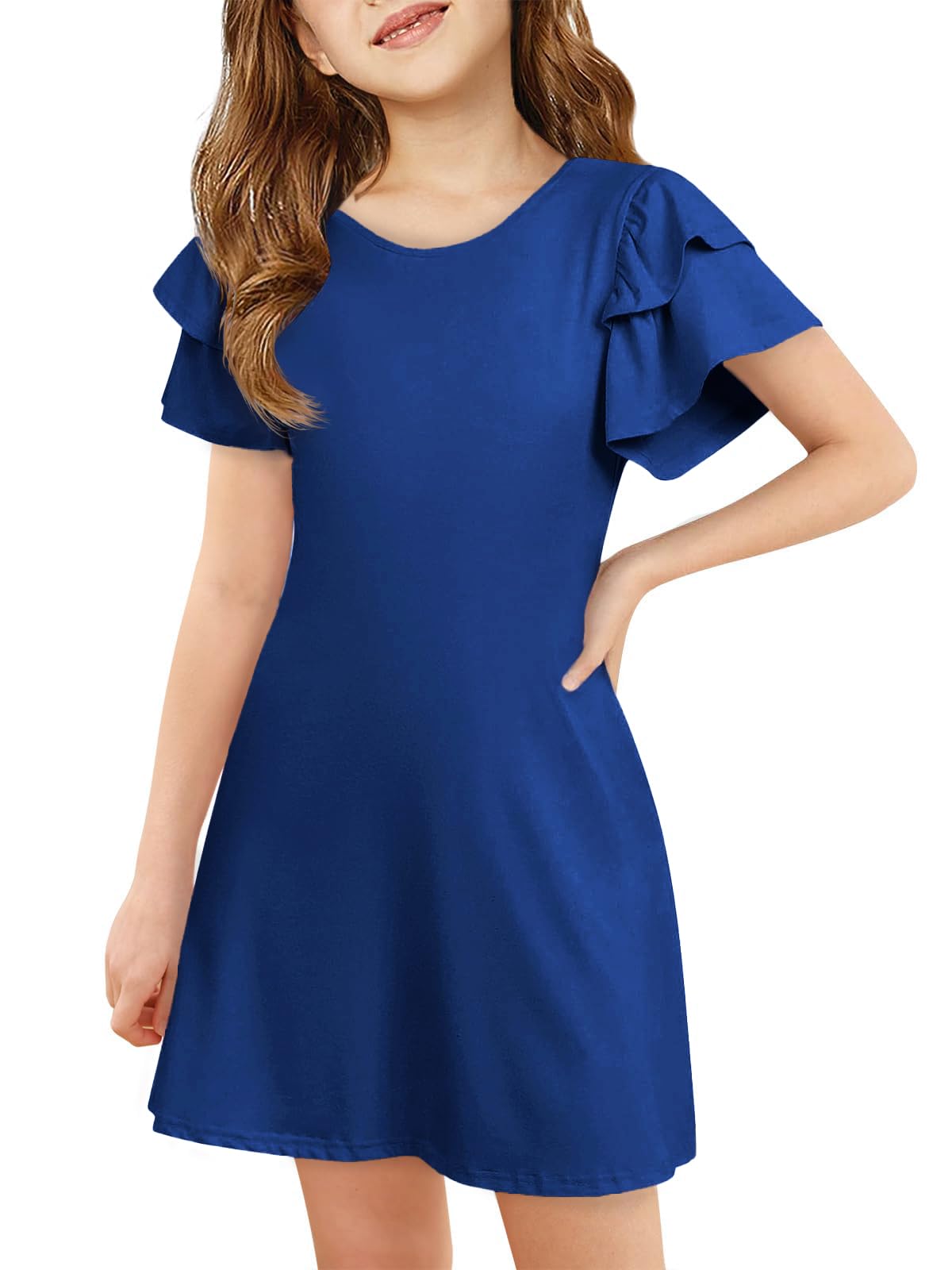 ZDC Girls Ruffle Sleeve Casual Dresses Summer Kids A Line Skater Dress 5-14 Years