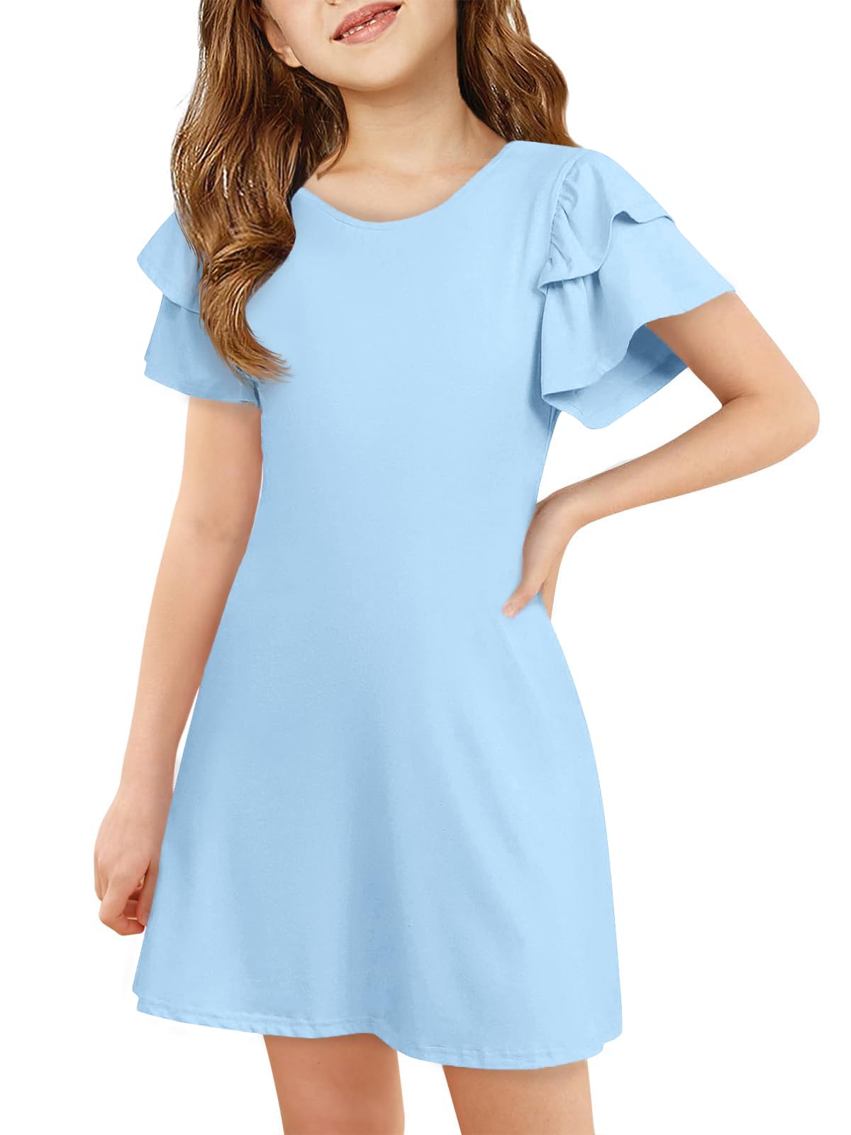 ZDC Girls Ruffle Sleeve Casual Dresses Summer Kids A Line Skater Dress 5-14 Years