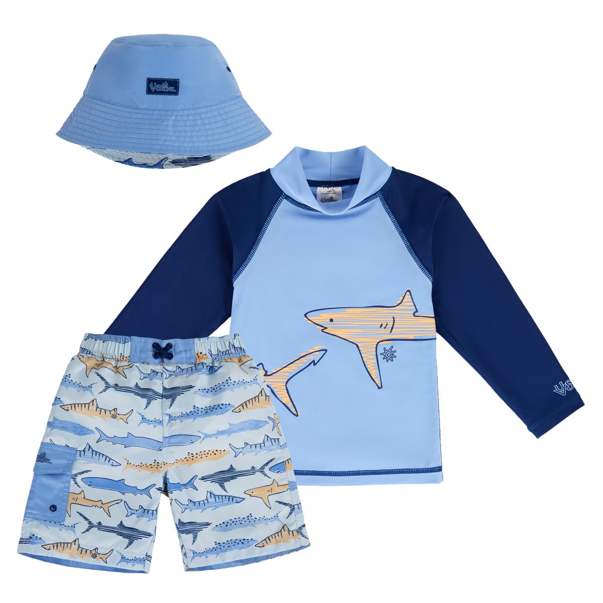 UV SKINZ Boys 3-Piece Swim Set with UPF 50+ Long Sleeve Rash Guard, Swim Shorts & Hat