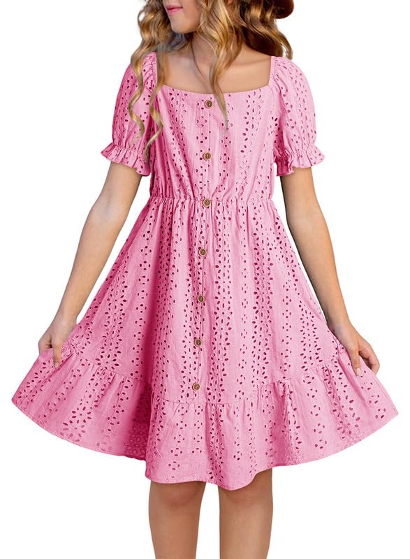 DOKOTOO KIDS Girls Dresses Summer Short Sleeve Casual A-line Button Down Eyelet Midi Dress 6-15 Years