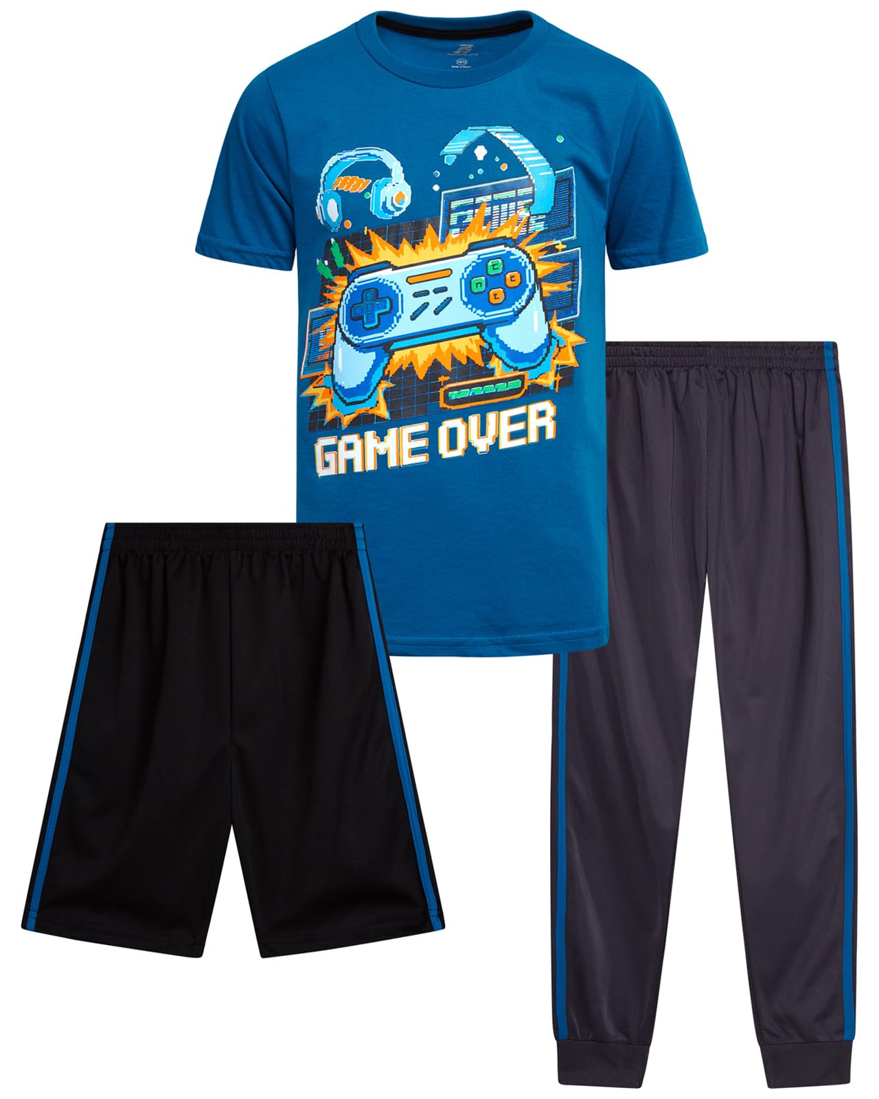 Pro Athlete Boys Pants Set - 3 Piece Active Short Sleeve Graphic Tees Athletic Shorts and Jogger Sweatpants for Boys