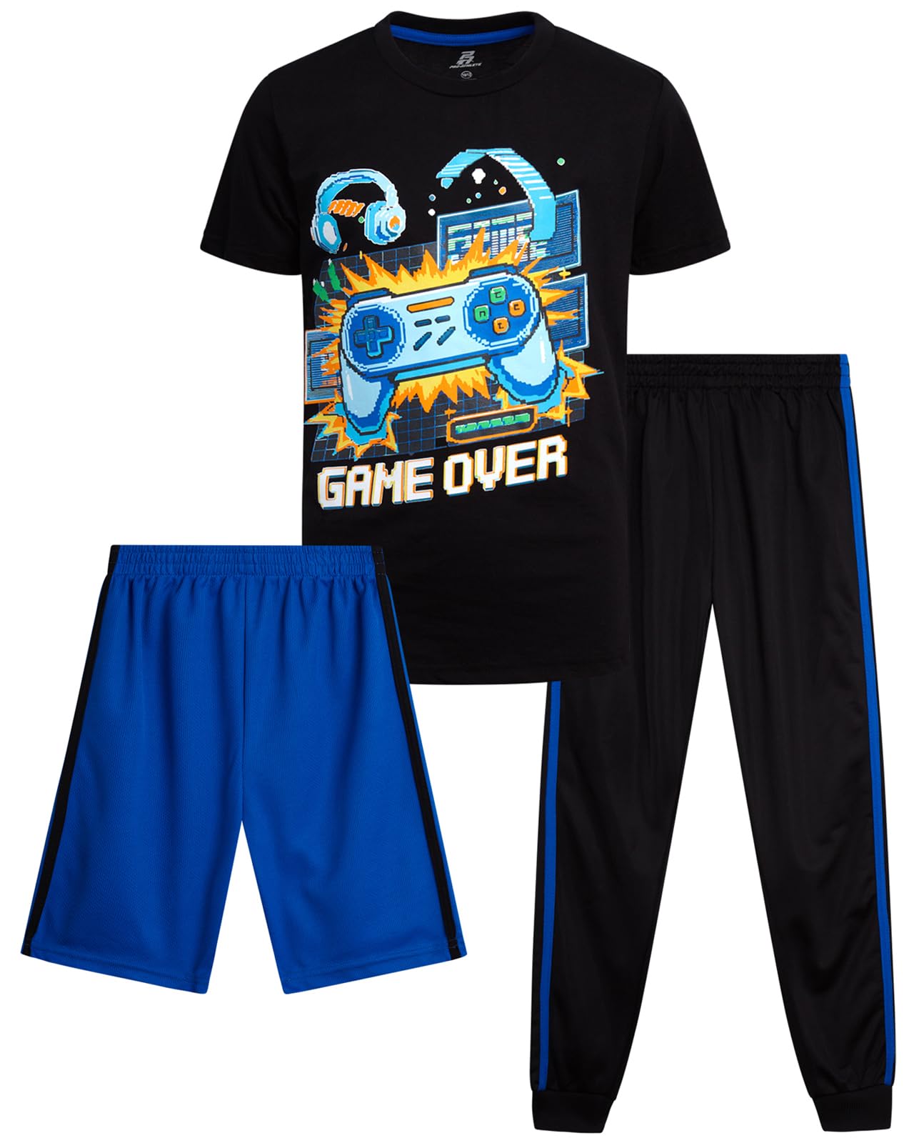Pro Athlete Boys Pants Set - 3 Piece Active Short Sleeve Graphic Tees Athletic Shorts and Jogger Sweatpants for Boys