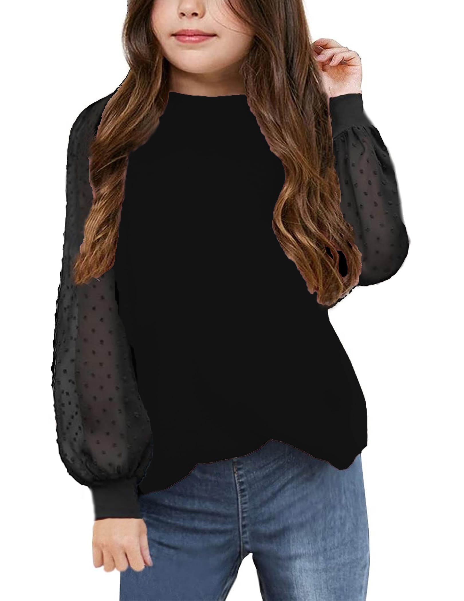 Yekaty Girls Shirts Casual Solid Color Crewneck Blouses Soft Long Sleeve Swiss Dots Chiffon Tops
