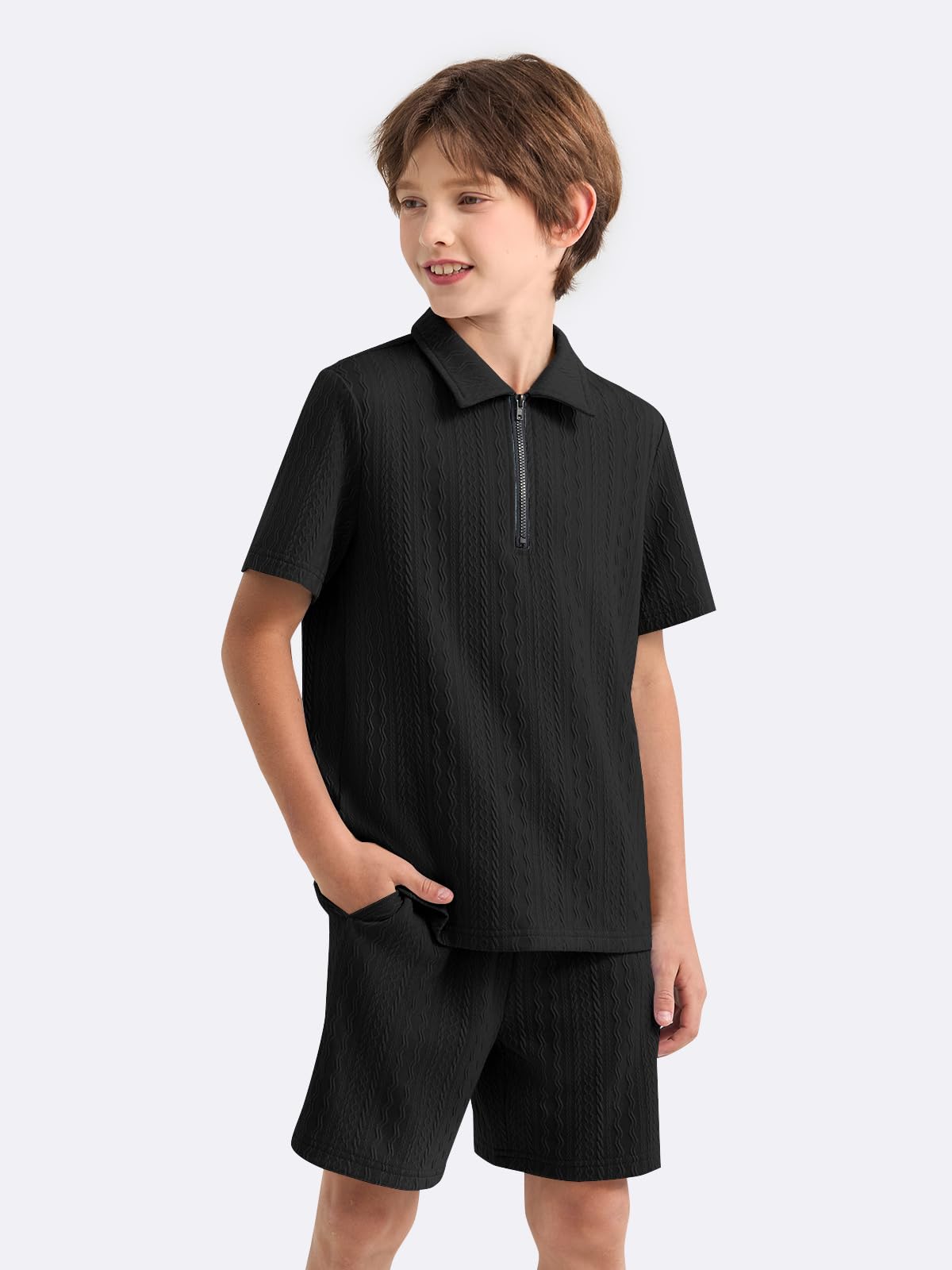 Haloumoning Boys 2 Piece Summer Outfits Kids Quarter Zip Polo Shirt and Shorts Set Athletic Tracksuit 5-14 Years