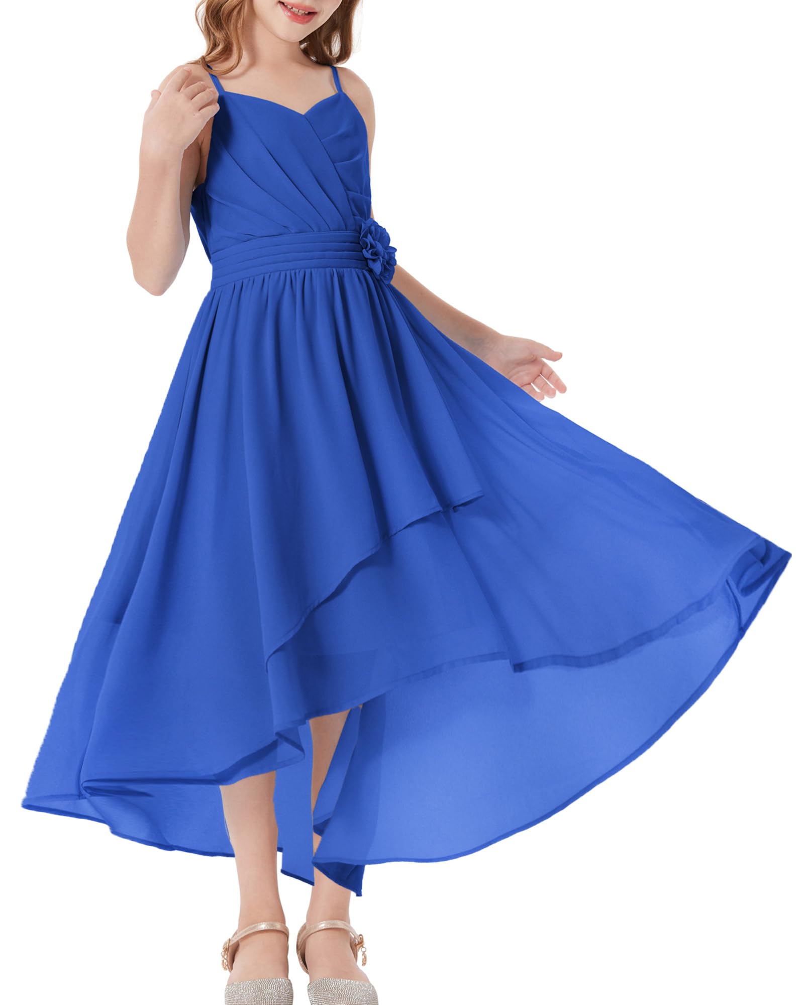 GRACE KARIN Girls Chiffon Summer Dresses Teen Long Party Formal Dress Flower Bridesmaid Straps Shirred High Low Clothes 6-14