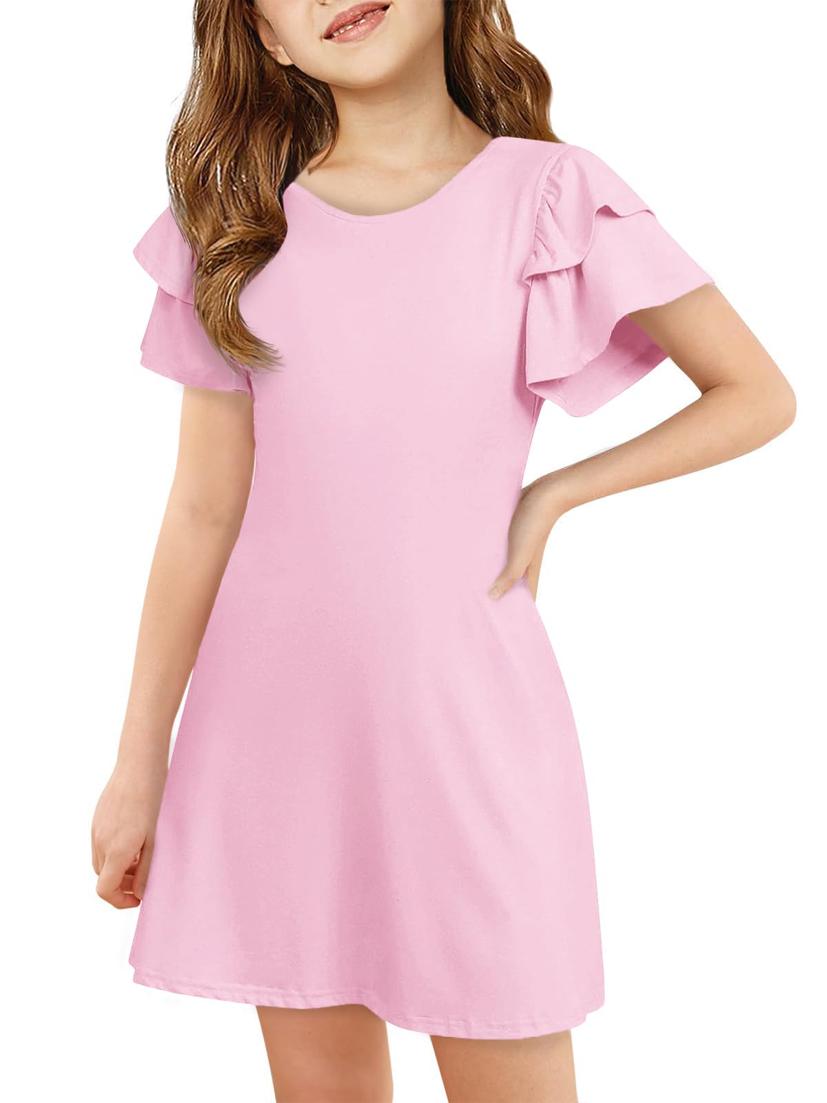 ZDC Girls Ruffle Sleeve Casual Dresses Summer Kids A Line Skater Dress 5-14 Years