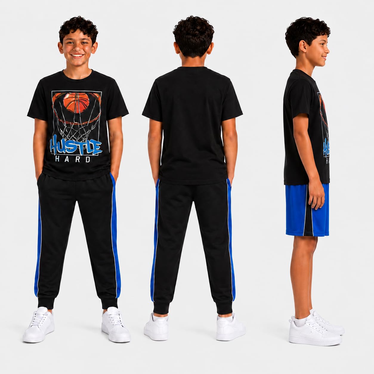 Pro Athlete Boys Pants Set - 3 Piece Active Short Sleeve Graphic Tees Athletic Shorts and Jogger Sweatpants for Boys