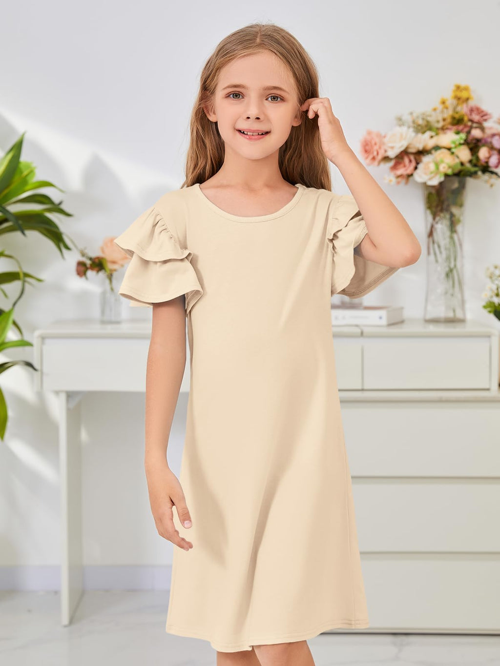 ZDC Girls Ruffle Sleeve Casual Dresses Summer Kids A Line Skater Dress 5-14 Years