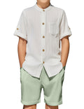 Arshiner Boy's 2 Piece Beach Outfit Short Sleeve Textured Button Down Shirt and Short Sets Summer Vacation Wear 4-12 Years