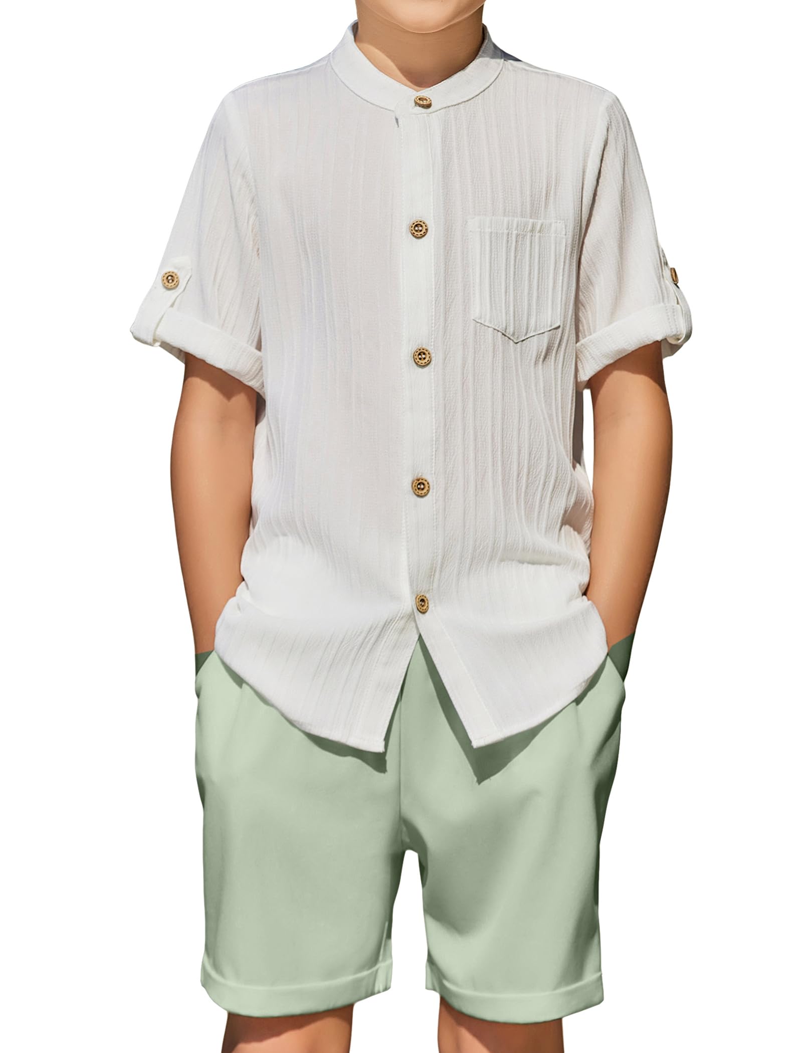 Arshiner Boy's 2 Piece Beach Outfit Short Sleeve Textured Button Down Shirt and Short Sets Summer Vacation Wear 4-12 Years