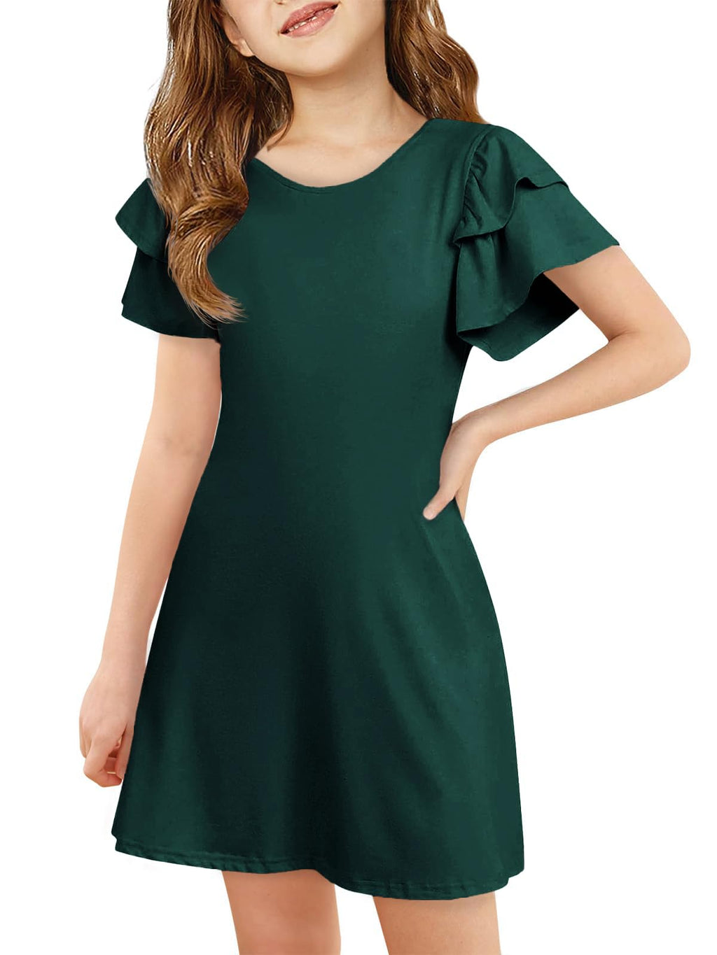 ZDC Girls Ruffle Sleeve Casual Dresses Summer Kids A Line Skater Dress 5-14 Years