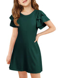 ZDC Girls Ruffle Sleeve Casual Dresses Summer Kids A Line Skater Dress 5-14 Years