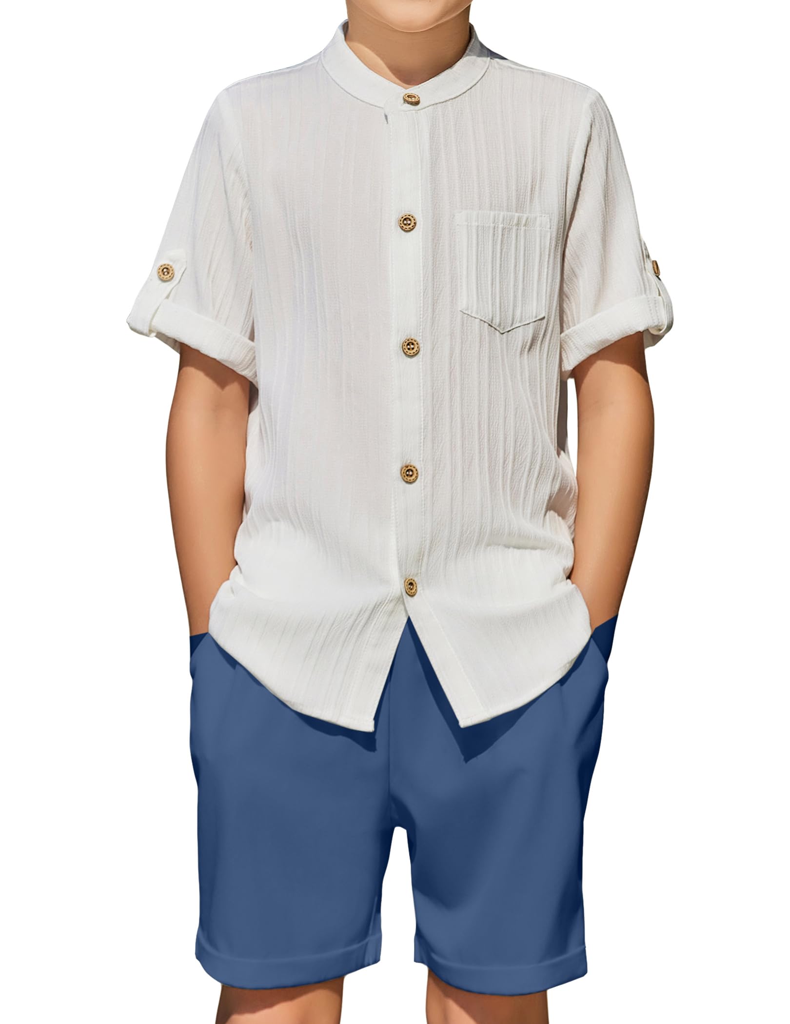 Arshiner Boy's 2 Piece Beach Outfit Short Sleeve Textured Button Down Shirt and Short Sets Summer Vacation Wear 4-12 Years