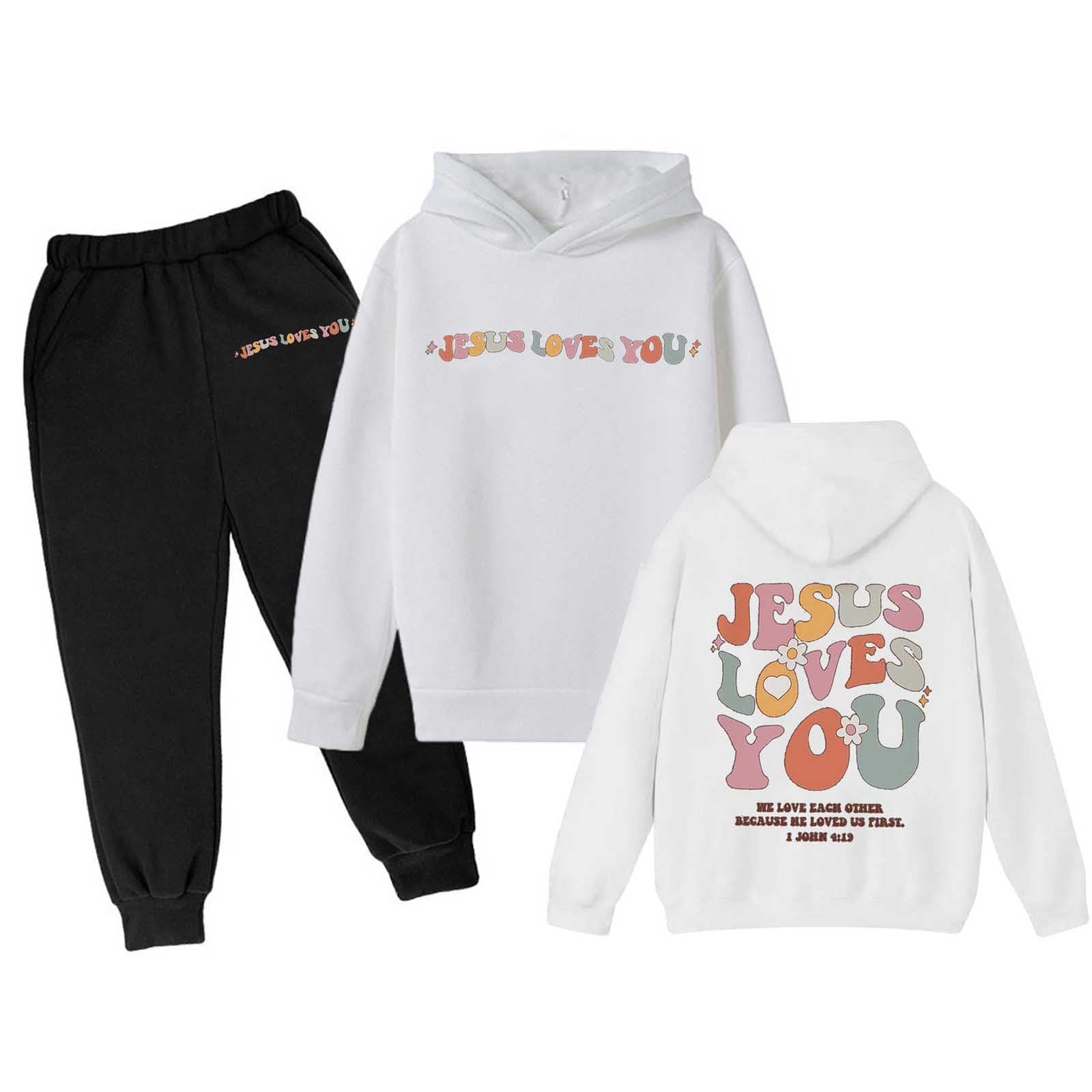 Boys Girls Tracksuits 2 Piece Love Like Jesus Letter Print Back to School Clothes Fall Trendy Sweatshirts and Sweatpant 3-13Y