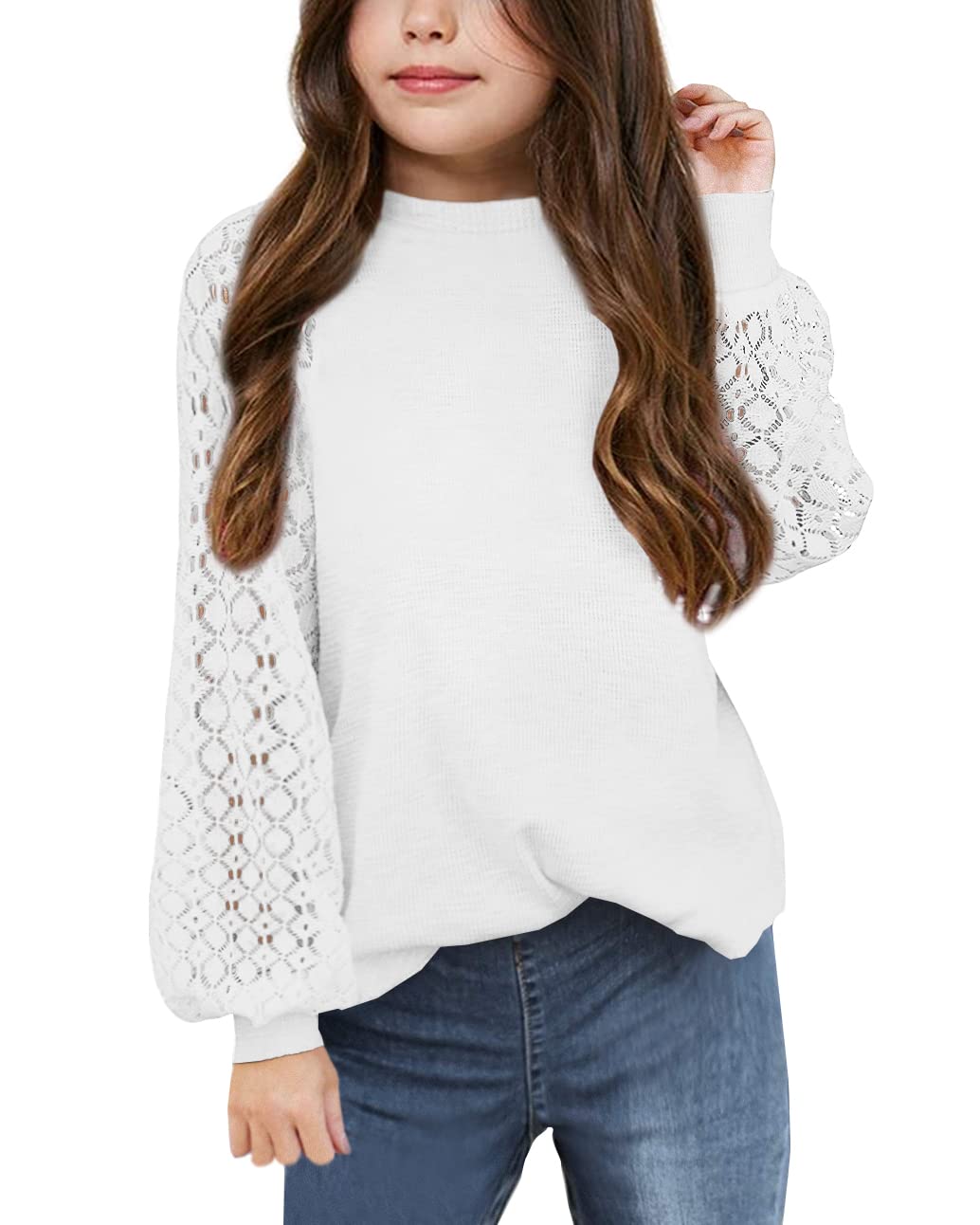 Apbondy Girls Long Sleeve Shirts Casual Crew Neck Lace Loose Blouse Tops