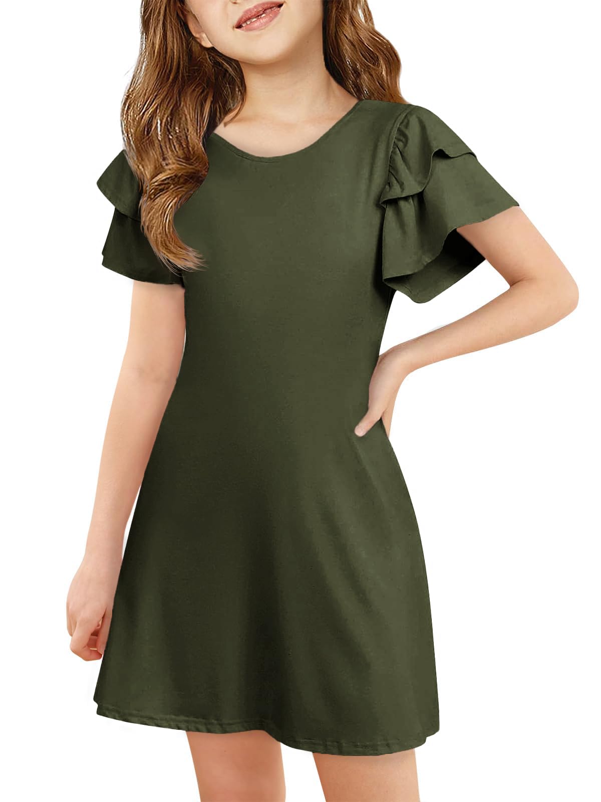 ZDC Girls Ruffle Sleeve Casual Dresses Summer Kids A Line Skater Dress 5-14 Years