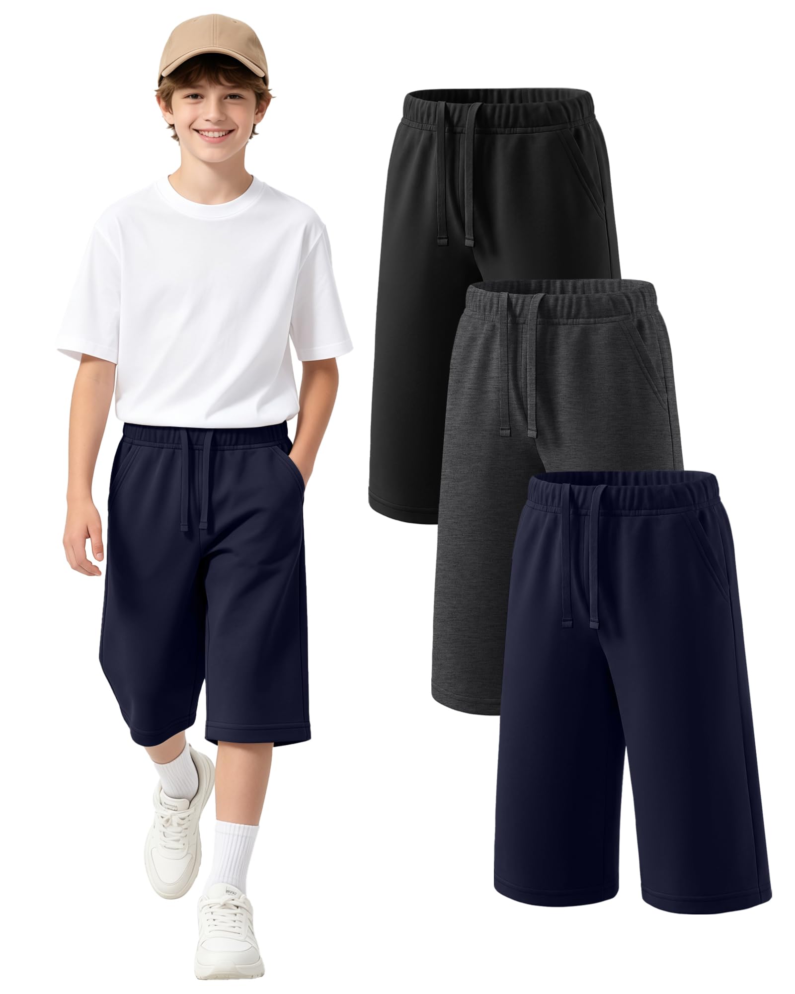 Langyiwee 3 Pack Boy's Long Shorts Wide Leg Athletic Lightweight Capri Pants with Pockets for 6-16 Years