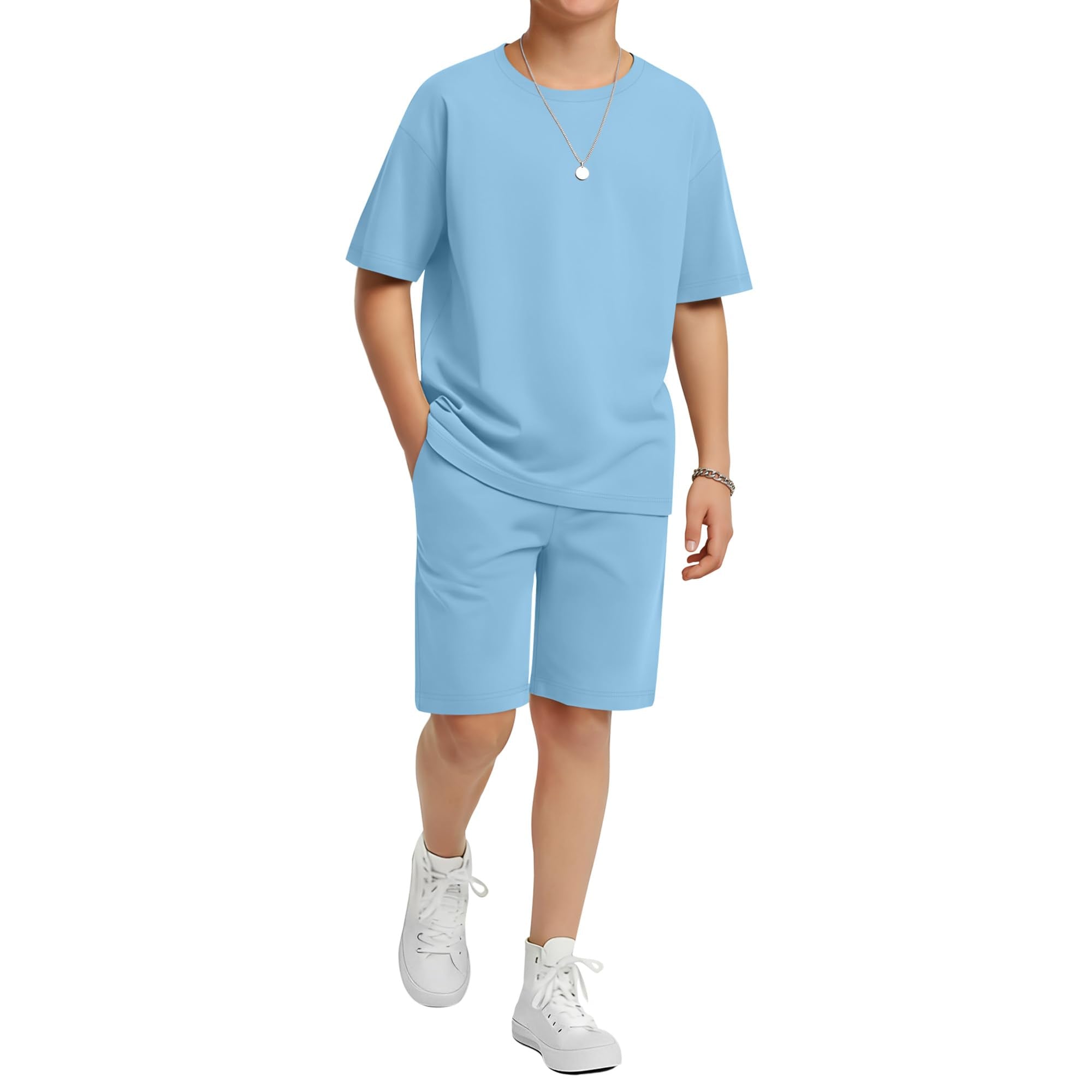 LessonZoo Boy's 2 Piece Outfits Set Summer Comfy Crewneck Oversized Short Sleeve Shirts Shorts Casual Clothing 5-14 Years