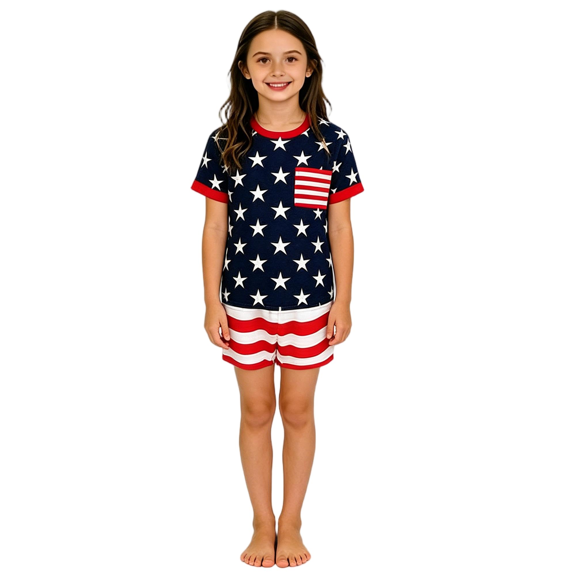 Family Matching 4th of July Pajamas Set - American Flag Stars Stripes Short Sleeve Summer Sleepwear Loungewear