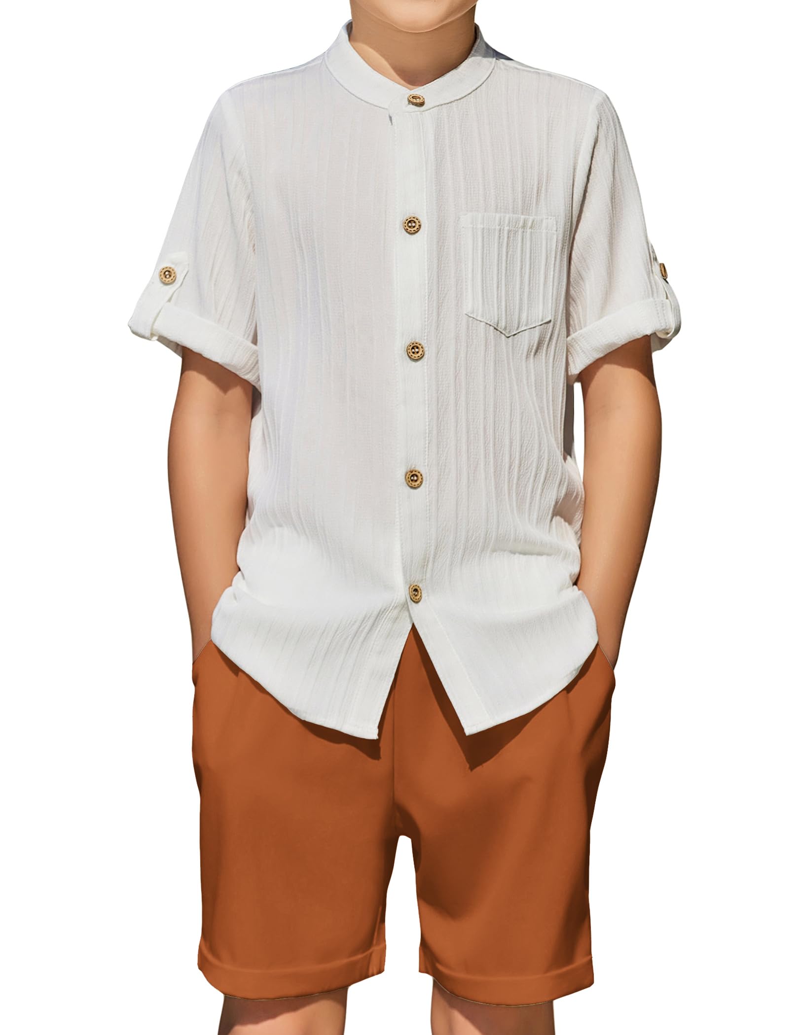 Arshiner Boy's 2 Piece Beach Outfit Short Sleeve Textured Button Down Shirt and Short Sets Summer Vacation Wear 4-12 Years