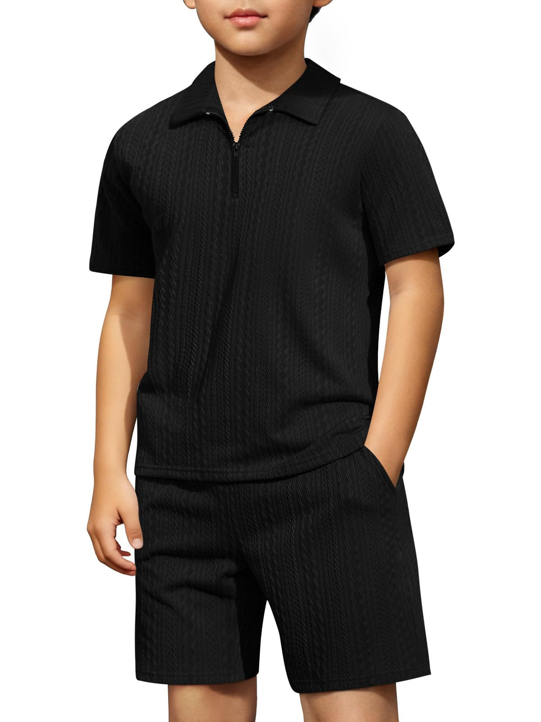 Boys Quarter-Zip Polo Shirt and Shorts 2-Piece Set