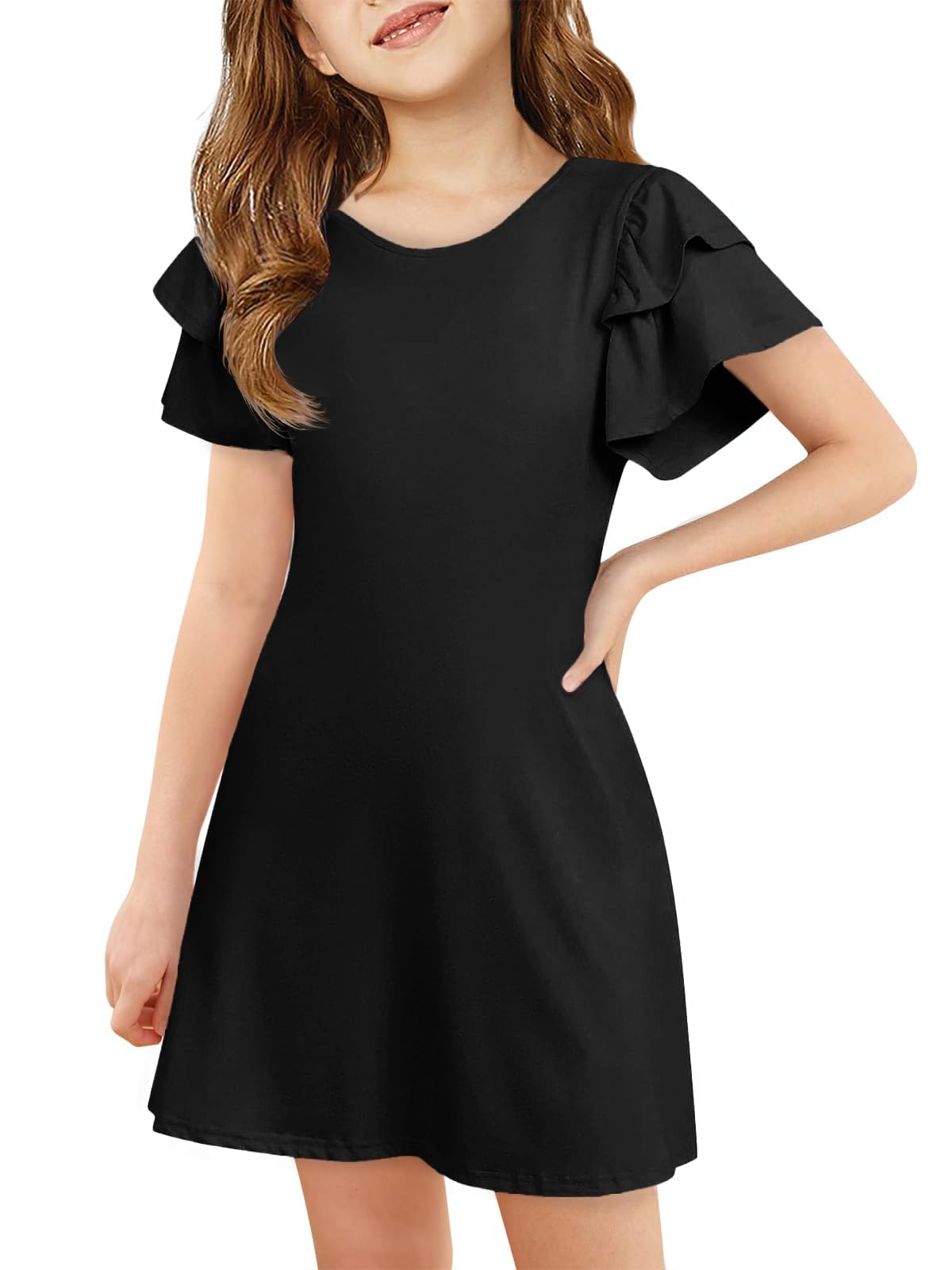 ZDC Girls Ruffle Sleeve Casual Dresses Summer Kids A Line Skater Dress 5-14 Years