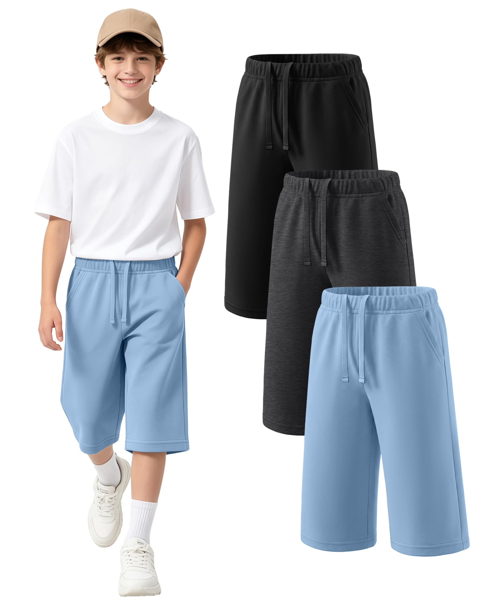 Langyiwee 3 Pack Boy's Long Shorts Wide Leg Athletic Lightweight Capri Pants with Pockets for 6-16 Years
