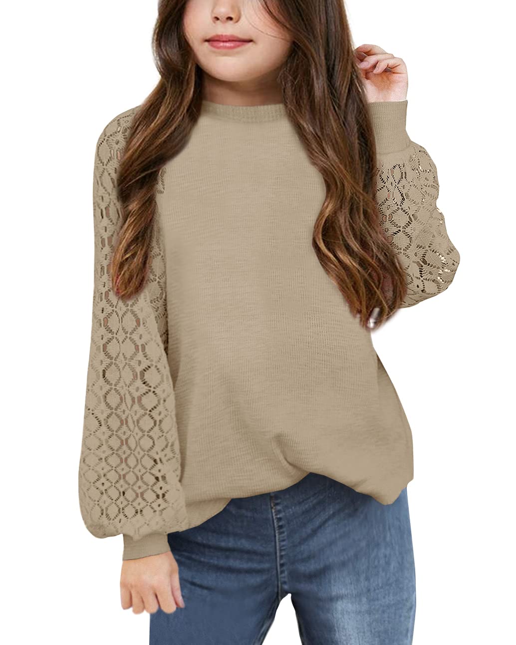 Girls Lace Crewneck Long Sleeve Casual Blouse